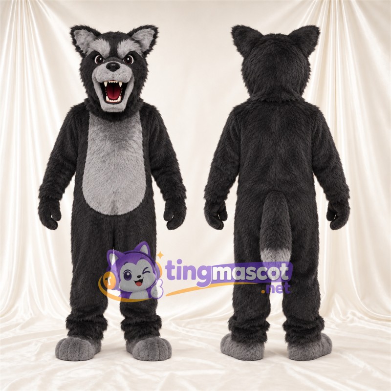 Black and Gray Wolf Mascot Costume - Gray Belly and Pointed Fangs