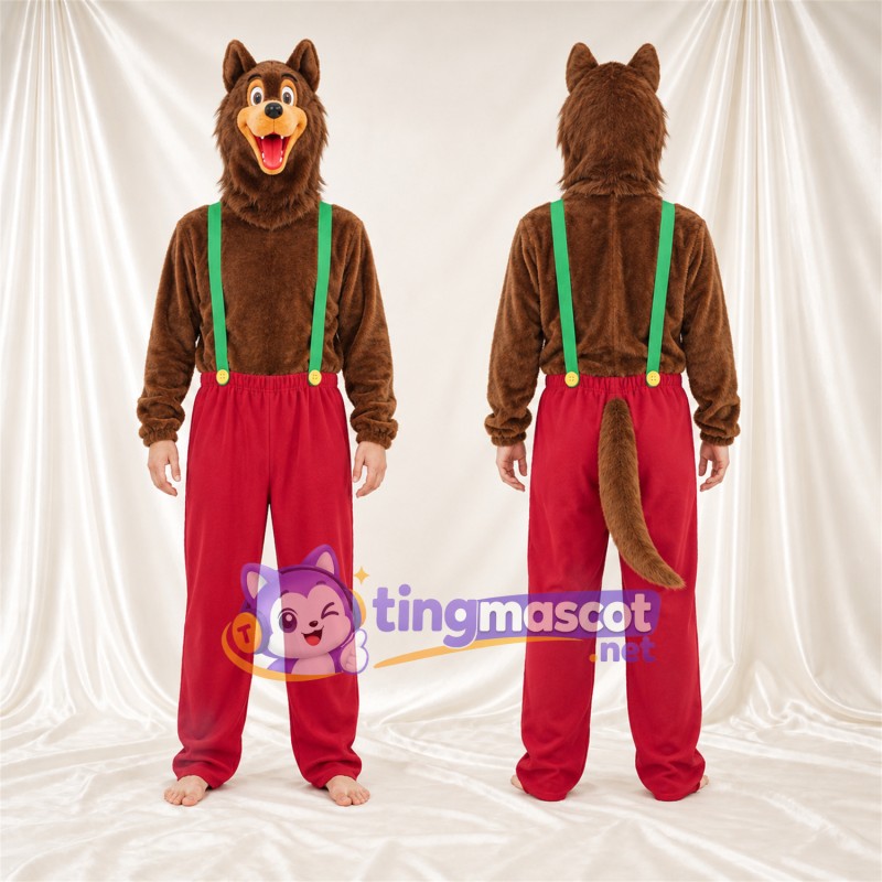 Costume de mascotte Loup – marron – Pantalon (rouge); Bretelles (vert)