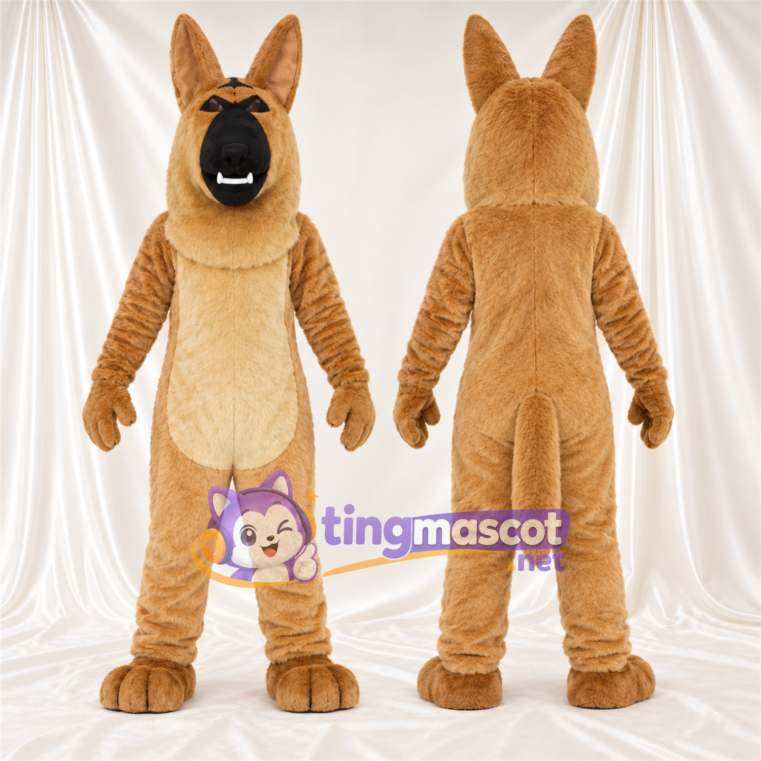 Maskottchenkostüm Deutscher Schäferhund – hellbraun / schwarz – Bauch (creme); Schnauze (schwarz) Maskottchenkostüm Deutscher Schäferhund – hellbraun / schwarz – Bauch (creme); Schnauze (schwarz)