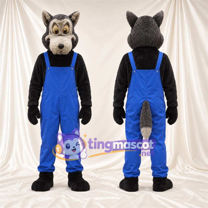 Black and Gray Wolf Mascot Costume - Blue Overalls