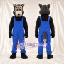 Black and Gray Wolf Mascot Costume - Blue Overalls