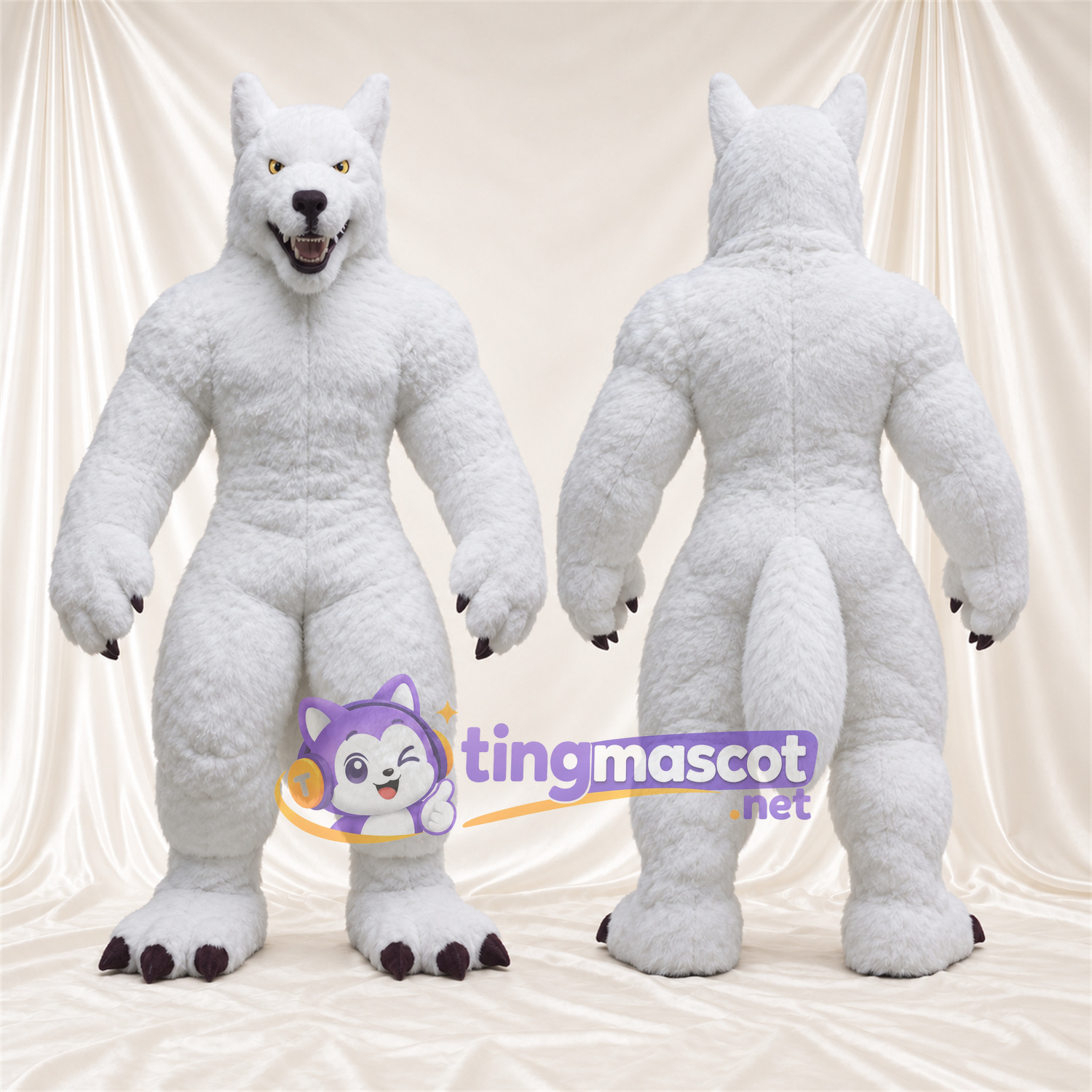 Costume de mascotte Loup – blanc – Torse musclé; Griffes (noir) Costume de mascotte Loup – blanc – Torse musclé; Griffes (noir)