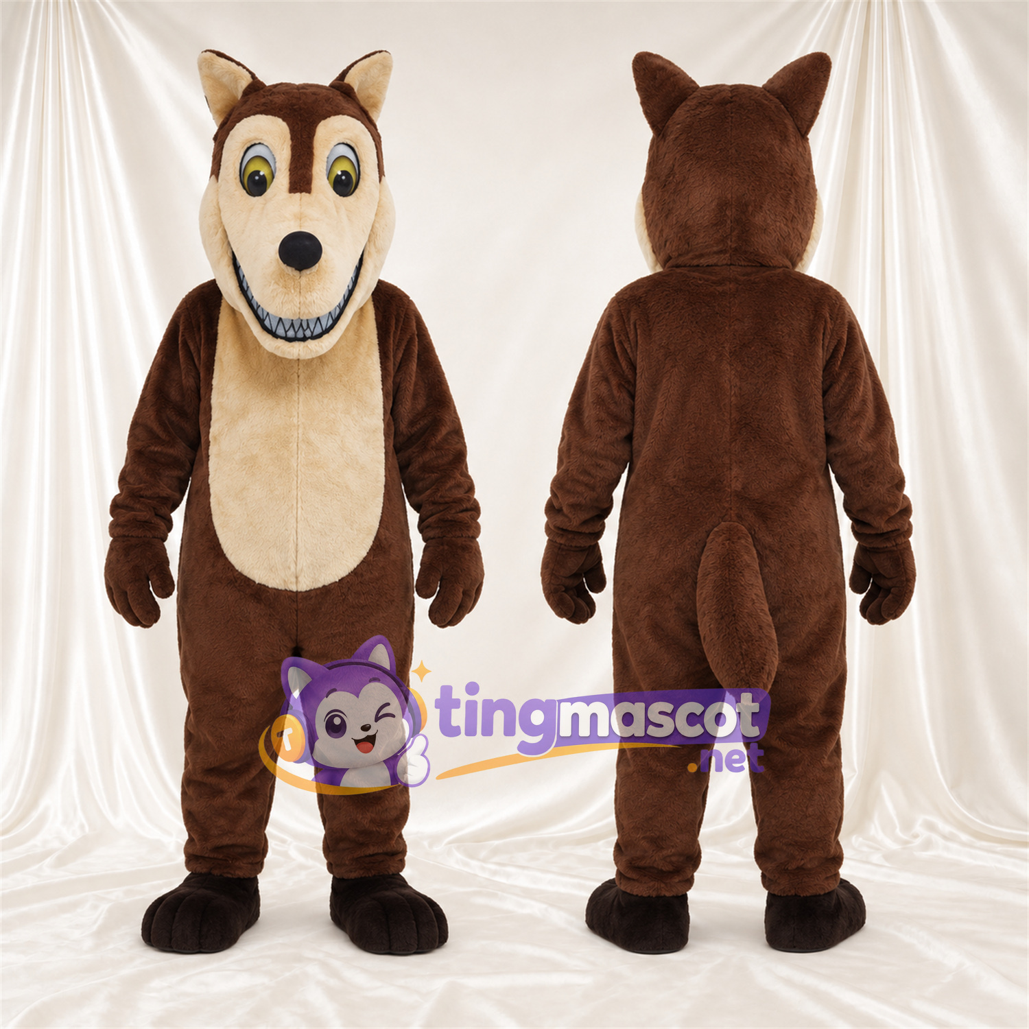 Costume de mascotte Loup – marron – Ventre (crème); Sourire avec dents Costume de mascotte Loup – marron – Ventre (crème); Sourire avec dents