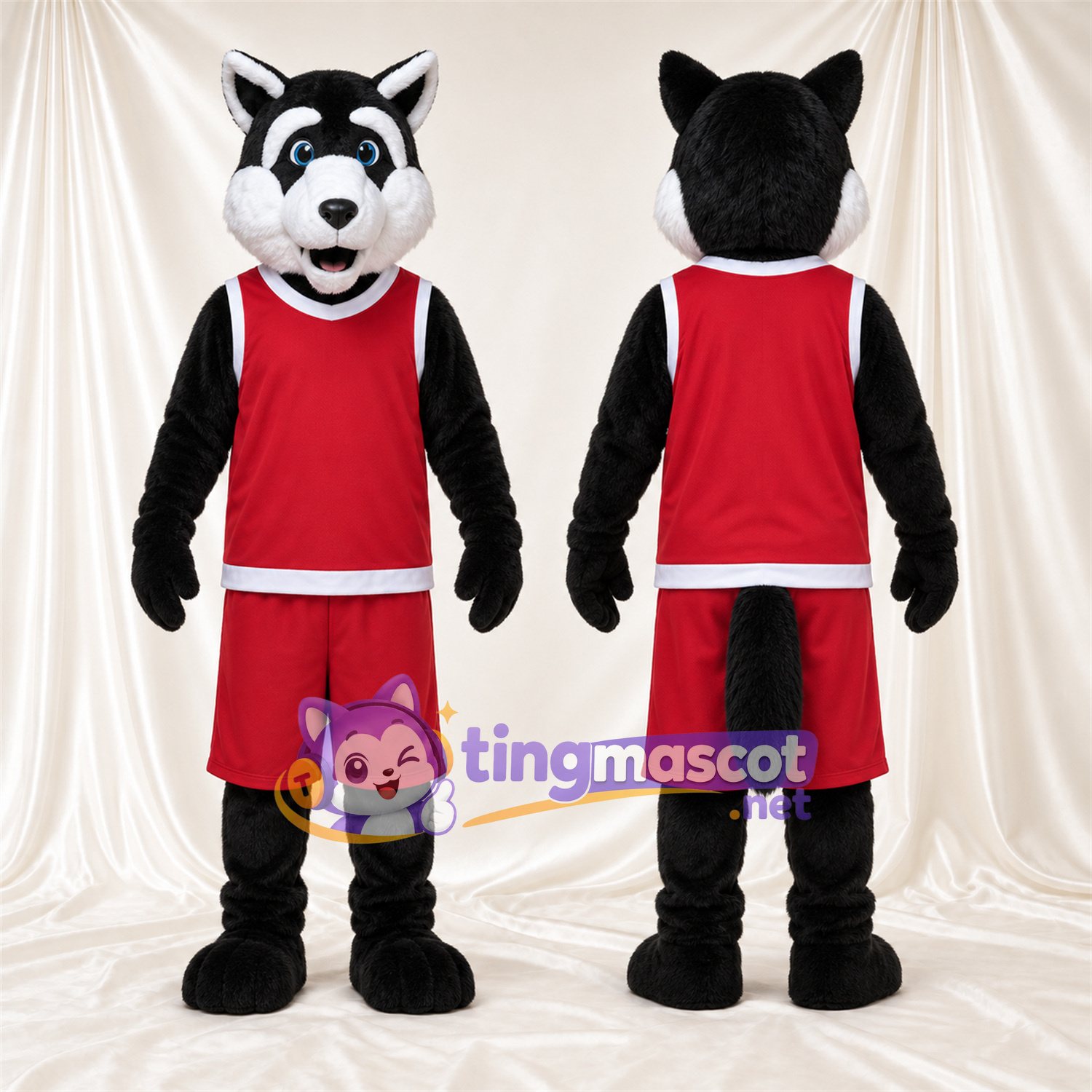 Black and White Husky Mascot Costume - Red Sports Outfit Black and White Husky Mascot Costume - Red Sports Outfit