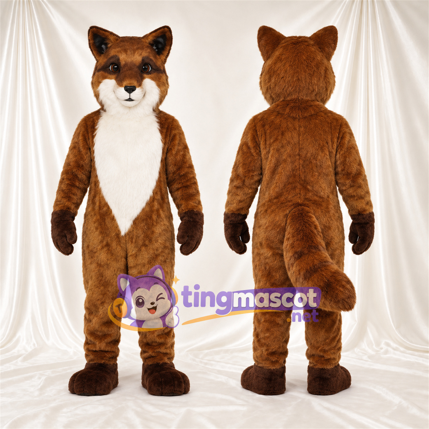 Maskottchenkostüm Fuchs – braun / weiß – Brust (weiß); Schmale Augen Maskottchenkostüm Fuchs – braun / weiß – Brust (weiß); Schmale Augen