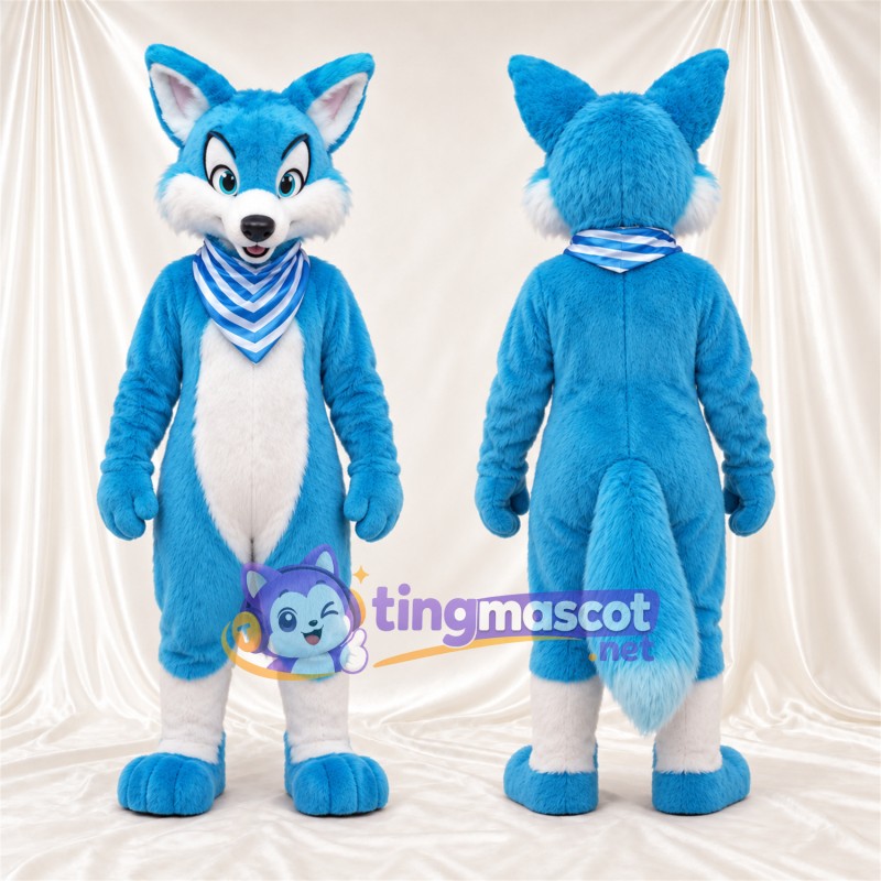 Blue and White Fox Mascot Costume - Striped Neck Scarf
