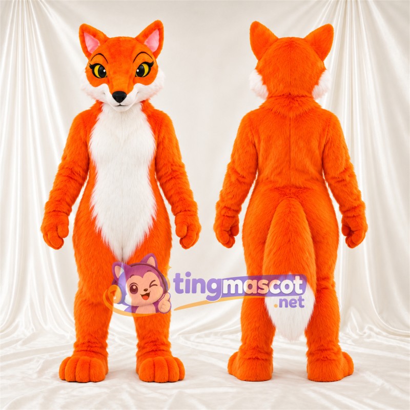 Maskottchenkostüm Fuchs – orange / weiß – Bauch (weiß); Augen (grün)