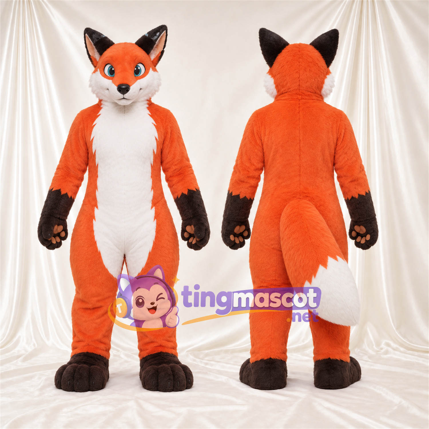 Maskottchenkostüm Fuchs – orange / weiß – Langer Schwanz; Pfotenballen (braun) Maskottchenkostüm Fuchs – orange / weiß – Langer Schwanz; Pfotenballen (braun)