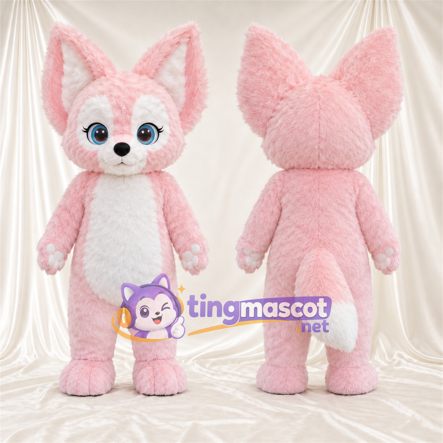 Maskottchenkostüm Fuchs – rosa / weiß – Bauch (weiß); Augen (blau) Maskottchenkostüm Fuchs – rosa / weiß – Bauch (weiß); Augen (blau)