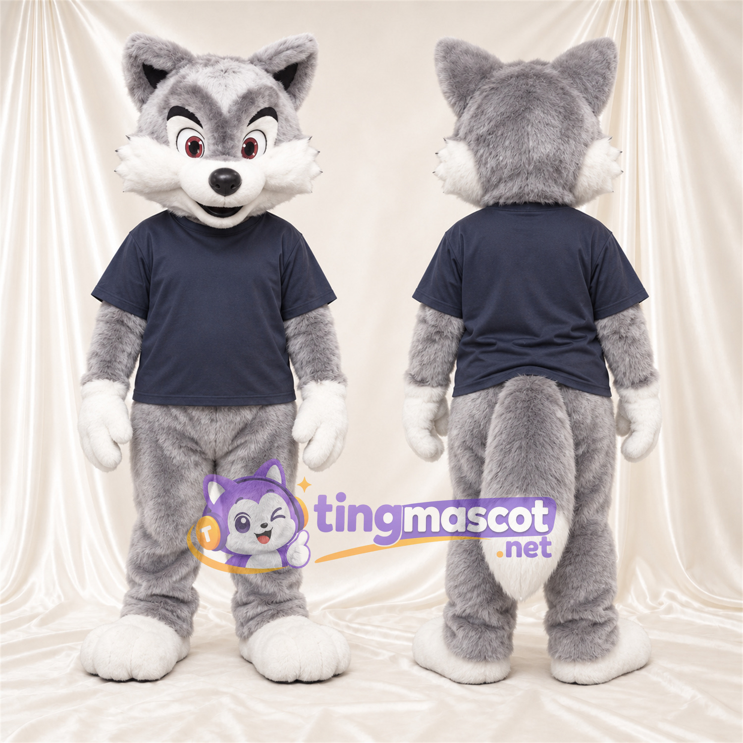 Maskottchenkostüm Fuchs – grau / weiß – Hemd (marineblau) Maskottchenkostüm Fuchs – grau / weiß – Hemd (marineblau)