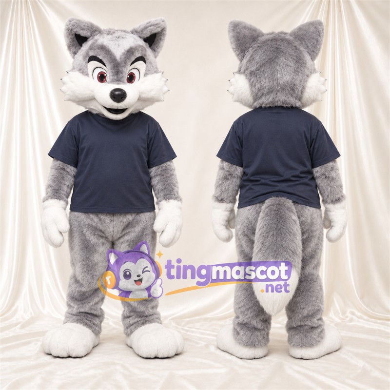 Maskottchenkostüm Fuchs – grau / weiß – Hemd (marineblau)
