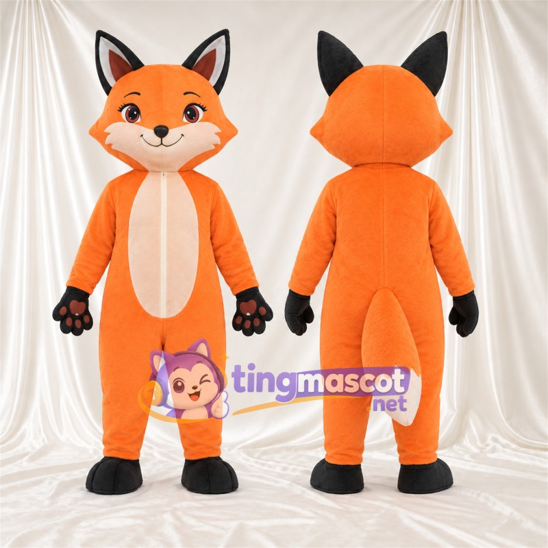 Maskottchenkostüm Fuchs – orange / weiß – Bauch (creme); Pfotenballen (schwarz)