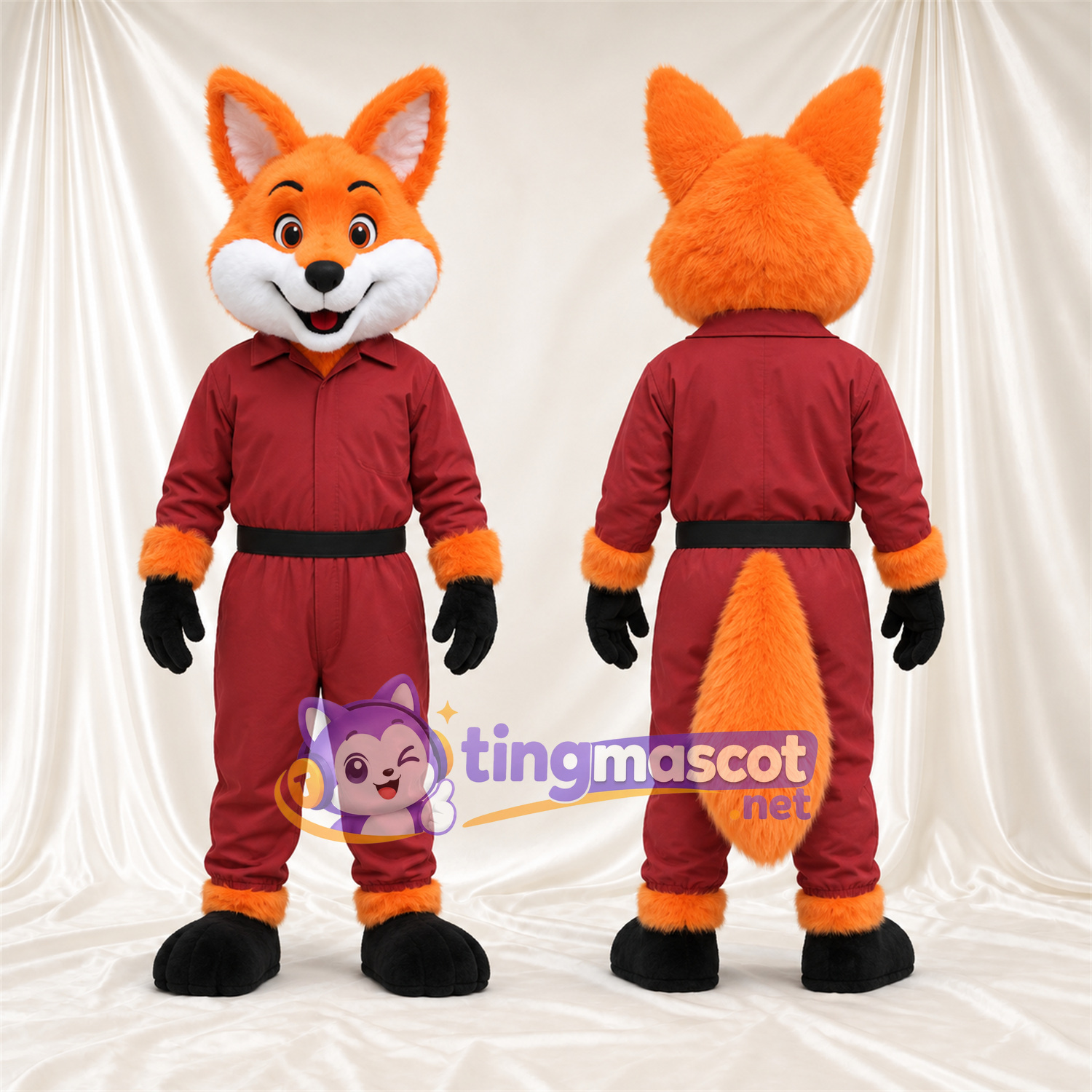 Maskottchenkostüm Fuchs – orange / weiß – Trainingsanzug (bordeauxrot) Maskottchenkostüm Fuchs – orange / weiß – Trainingsanzug (bordeauxrot)