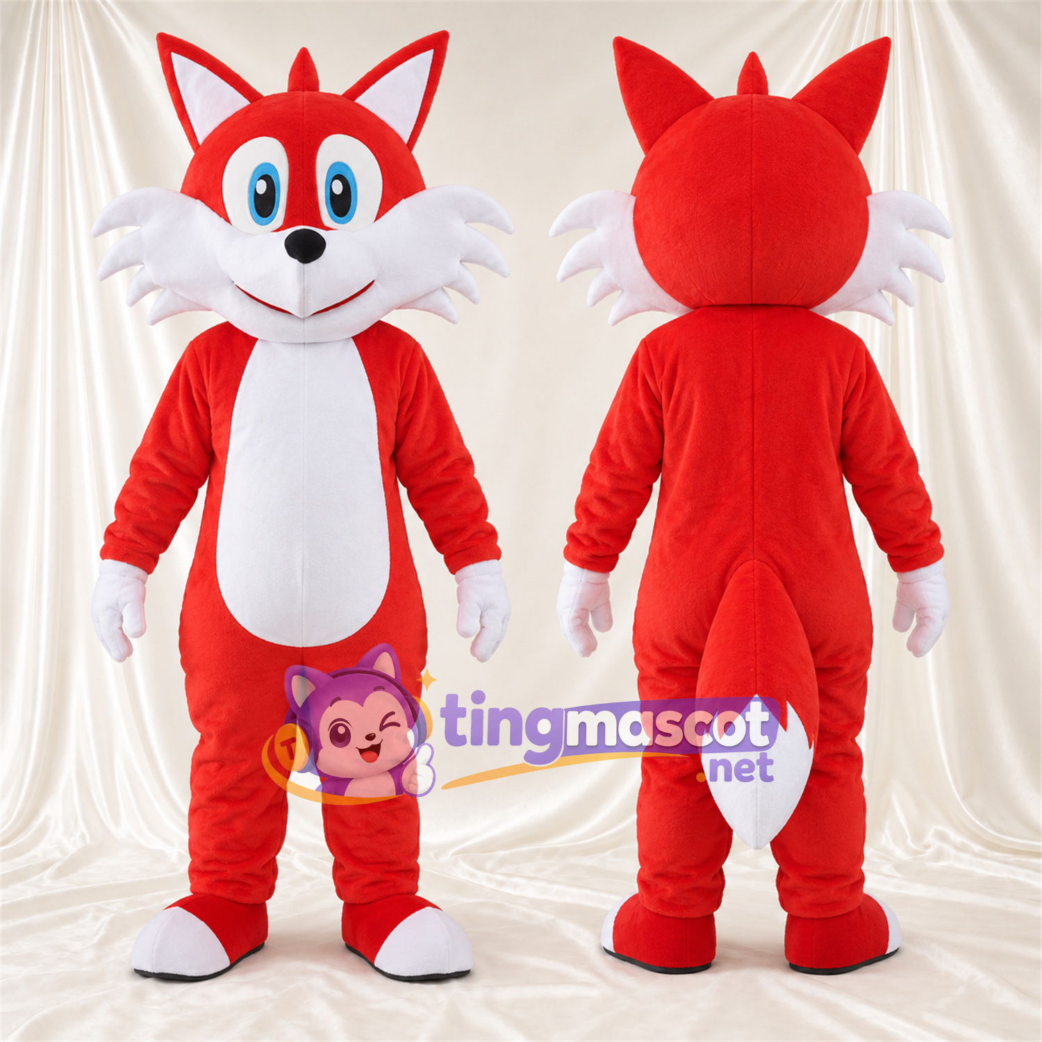 Maskottchenkostüm Fuchs – rot / weiß – Schwanzspitze (weiß); Augen (blau) Maskottchenkostüm Fuchs – rot / weiß – Schwanzspitze (weiß); Augen (blau)