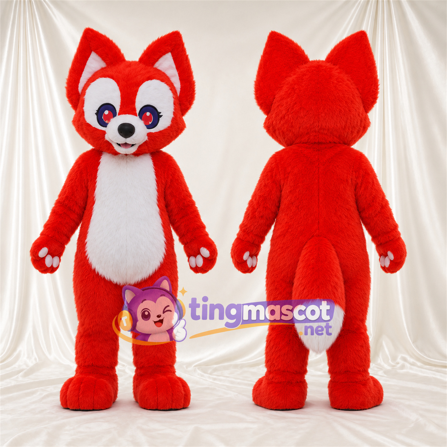 Maskottchenkostüm Fuchs – rot / weiß – Schwanzspitze (weiß); Pfotenballen (weiß) Maskottchenkostüm Fuchs – rot / weiß – Schwanzspitze (weiß); Pfotenballen (weiß)