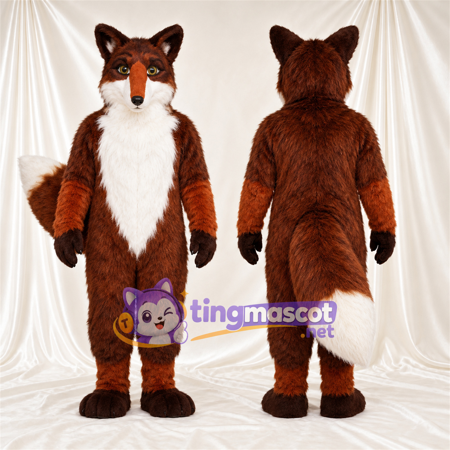 Maskottchenkostüm Fuchs – braun / weiß – Brust (weiß); Buschiger Schwanz Maskottchenkostüm Fuchs – braun / weiß – Brust (weiß); Buschiger Schwanz
