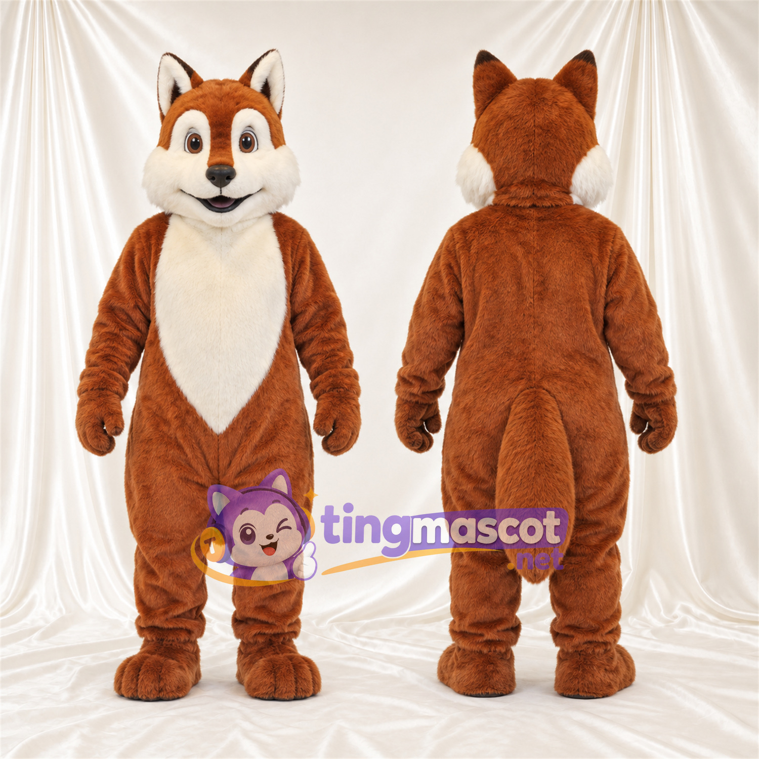 Maskottchenkostüm Fuchs – braun / weiß – Brust (weiß); Wangen (weiß) Maskottchenkostüm Fuchs – braun / weiß – Brust (weiß); Wangen (weiß)