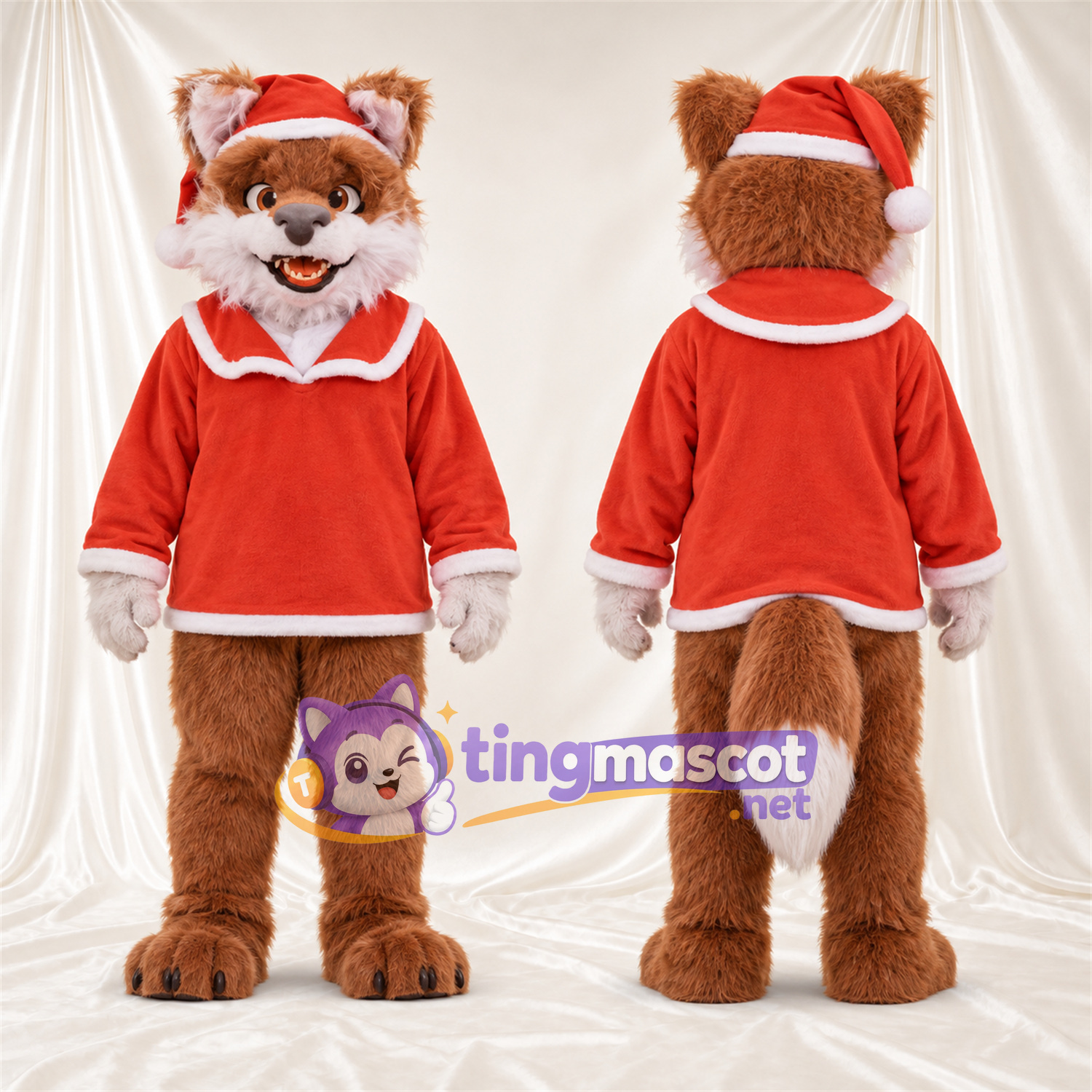 Brown and White Fox Mascot Costume - Red Santa Shirt and Hat Brown and White Fox Mascot Costume - Red Santa Shirt and Hat