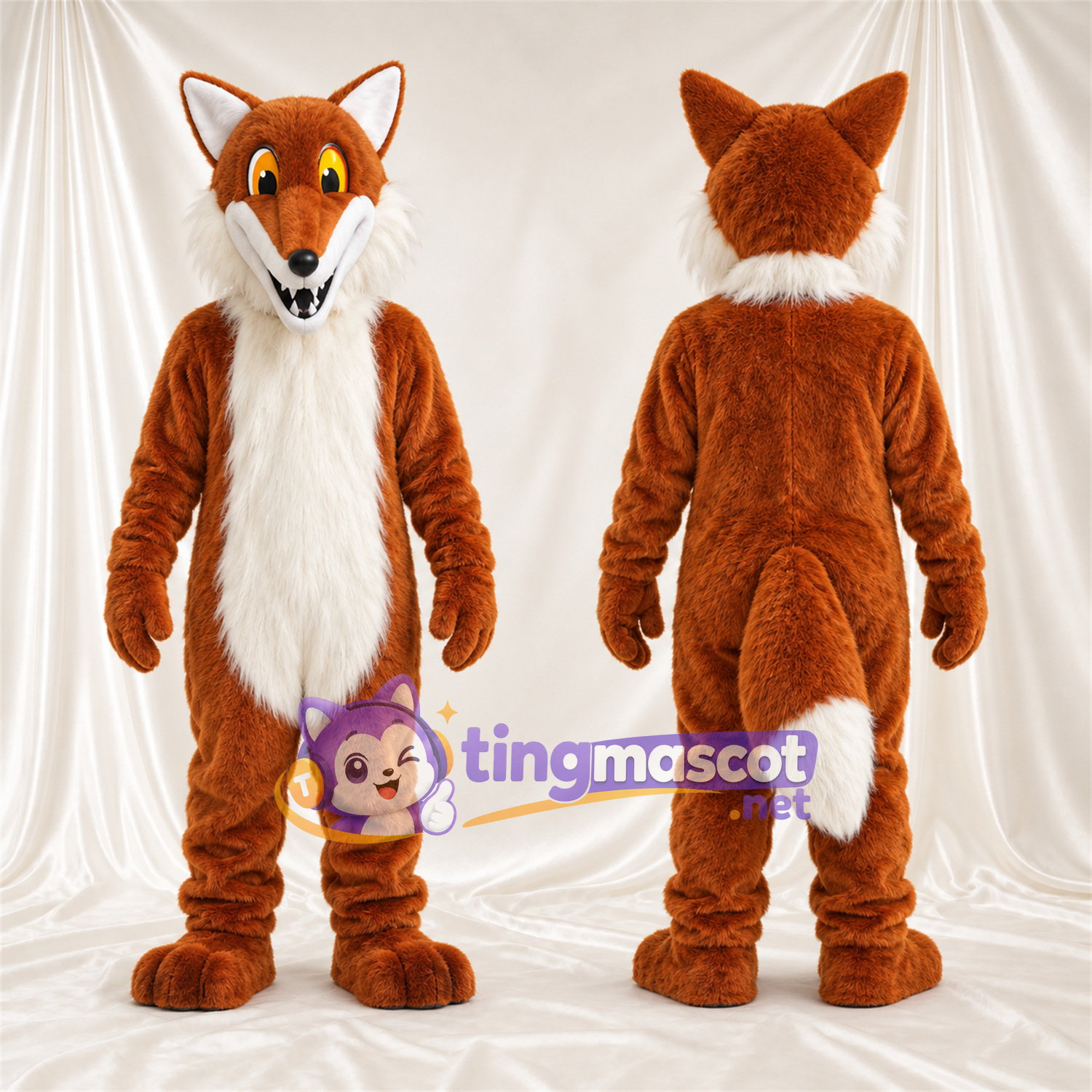 Maskottchenkostüm Fuchs – braun / weiß – Bauch (weiß); Augen (gelb)