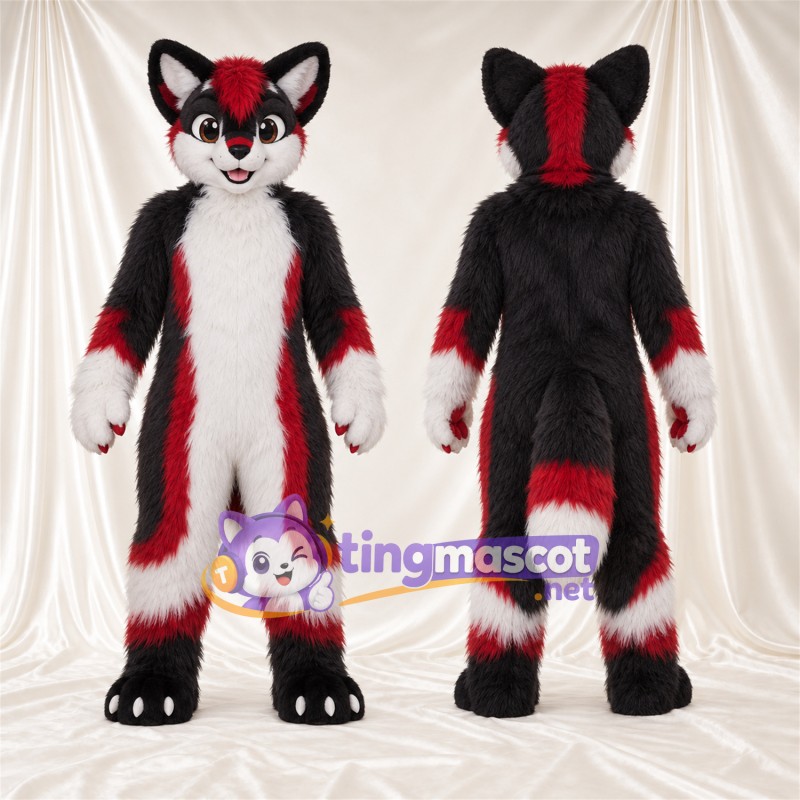Black, Red and White Fox Mascot Costume - Fluffy Tail
