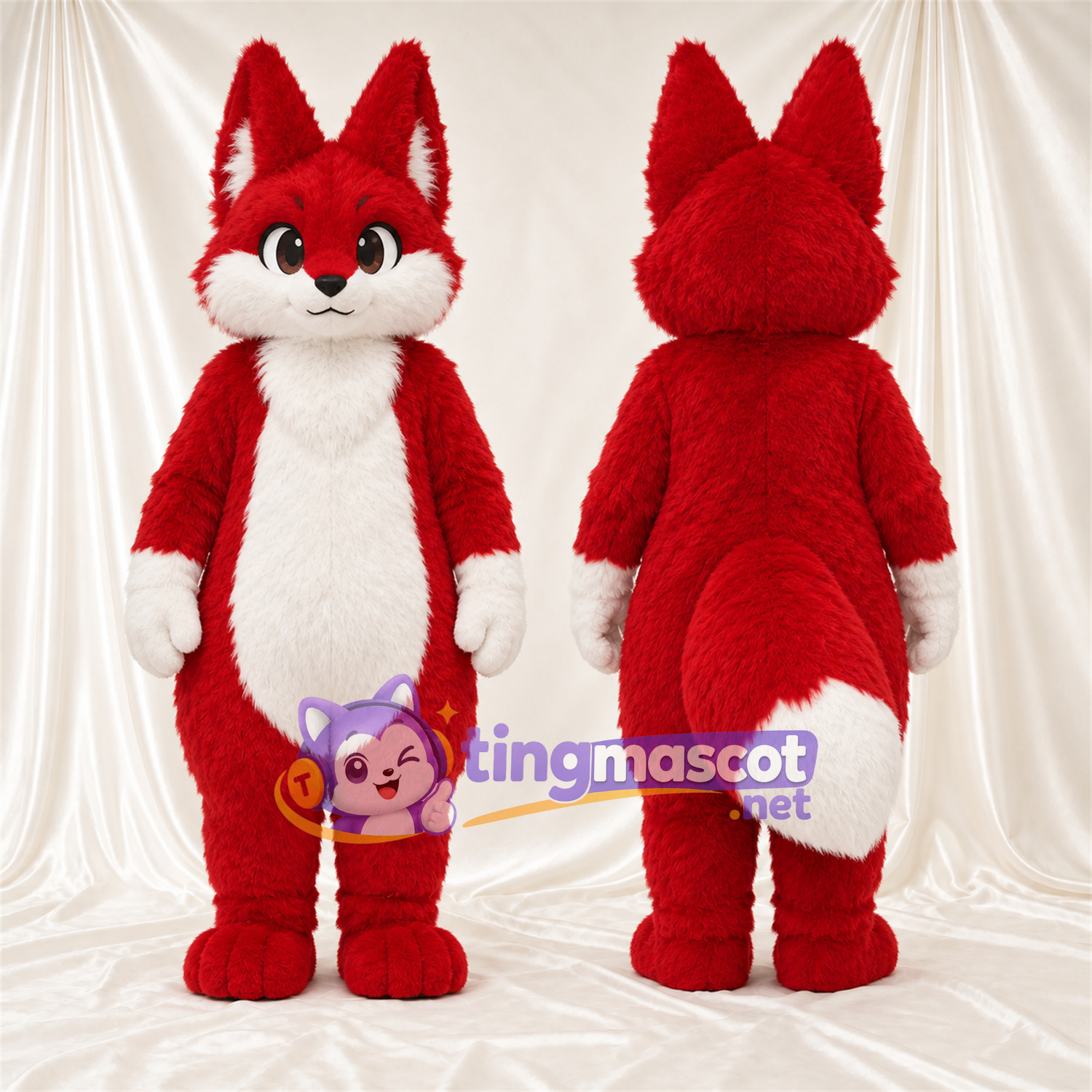 Maskottchenkostüm Fuchs – rot / weiß – Schwanzspitze (weiß); Hände (weiß) Maskottchenkostüm Fuchs – rot / weiß – Schwanzspitze (weiß); Hände (weiß)