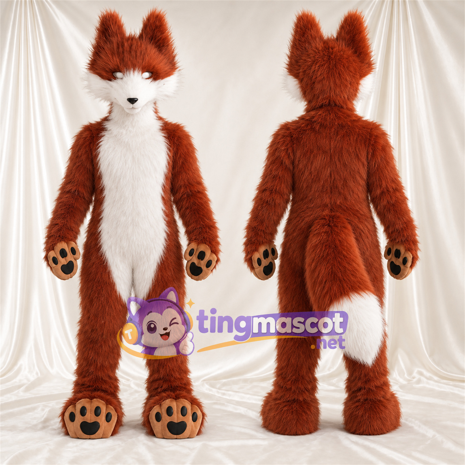 Maskottchenkostüm Fuchs – braun / weiß – Spitze Ohren; Pfotenballen (schwarz) Maskottchenkostüm Fuchs – braun / weiß – Spitze Ohren; Pfotenballen (schwarz)