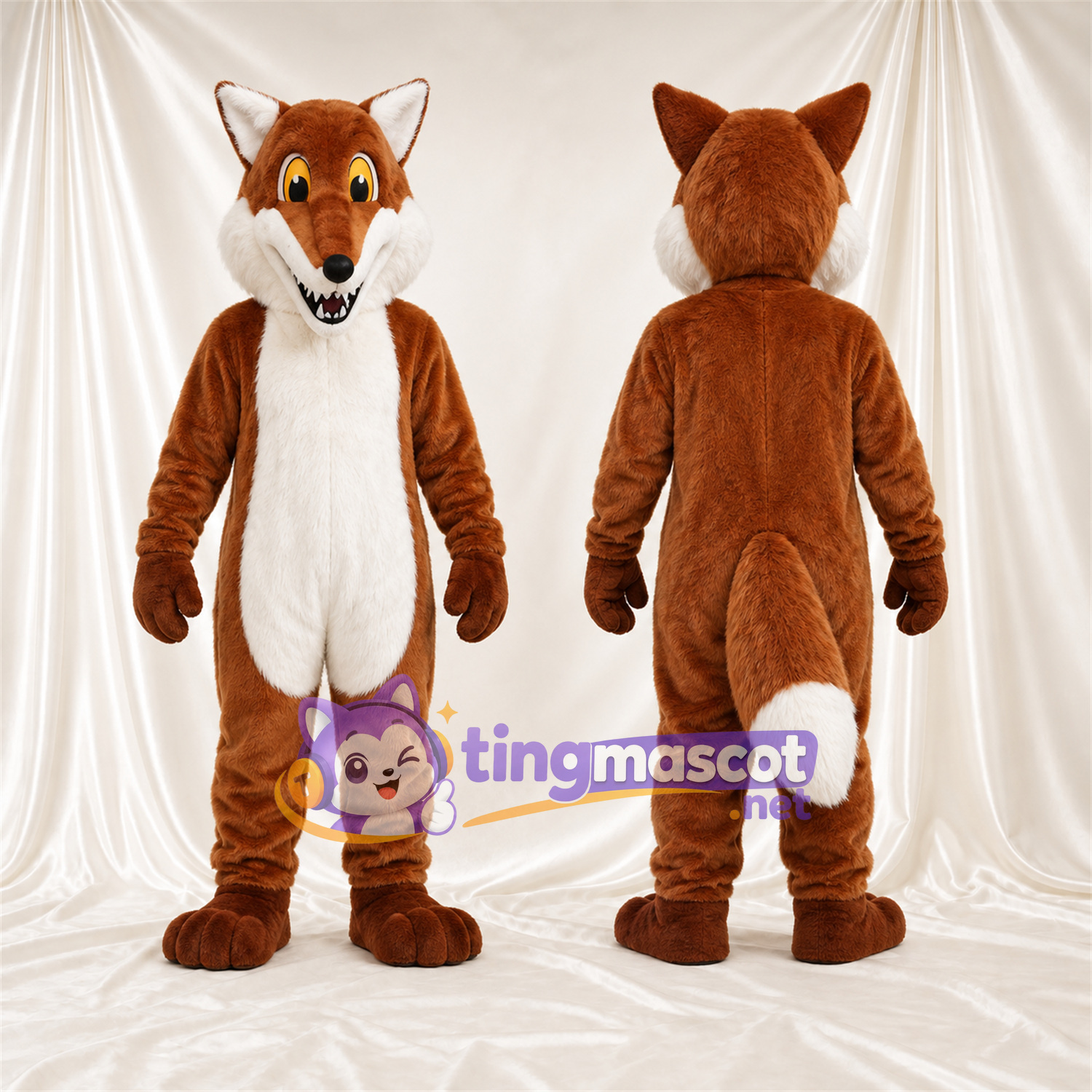 Maskottchenkostüm Fuchs – braun / weiß – Bauch (weiß); Augen (gelb)