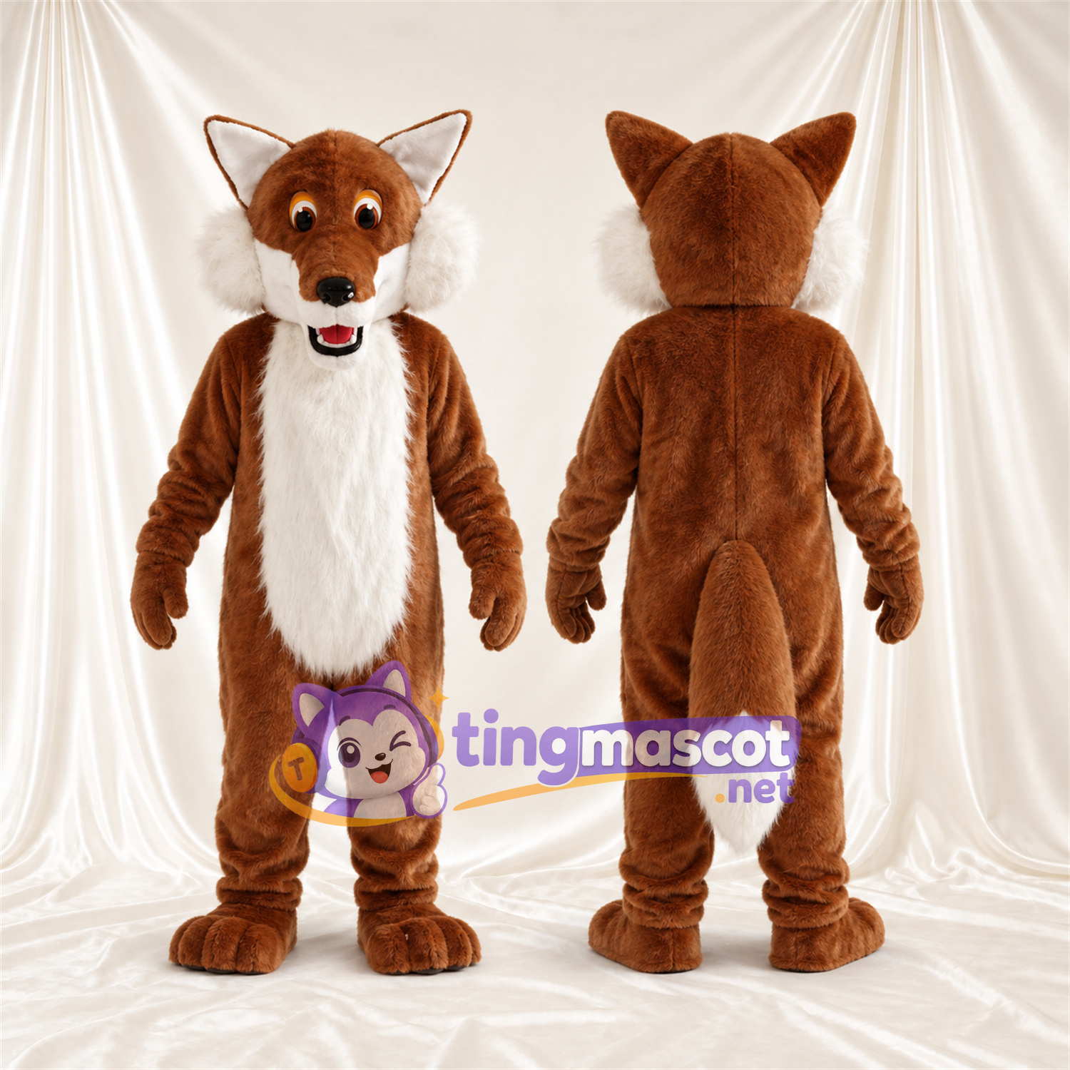 Maskottchenkostüm Fuchs – braun / weiß – Bauch (weiß); Breites Zahngrinsen