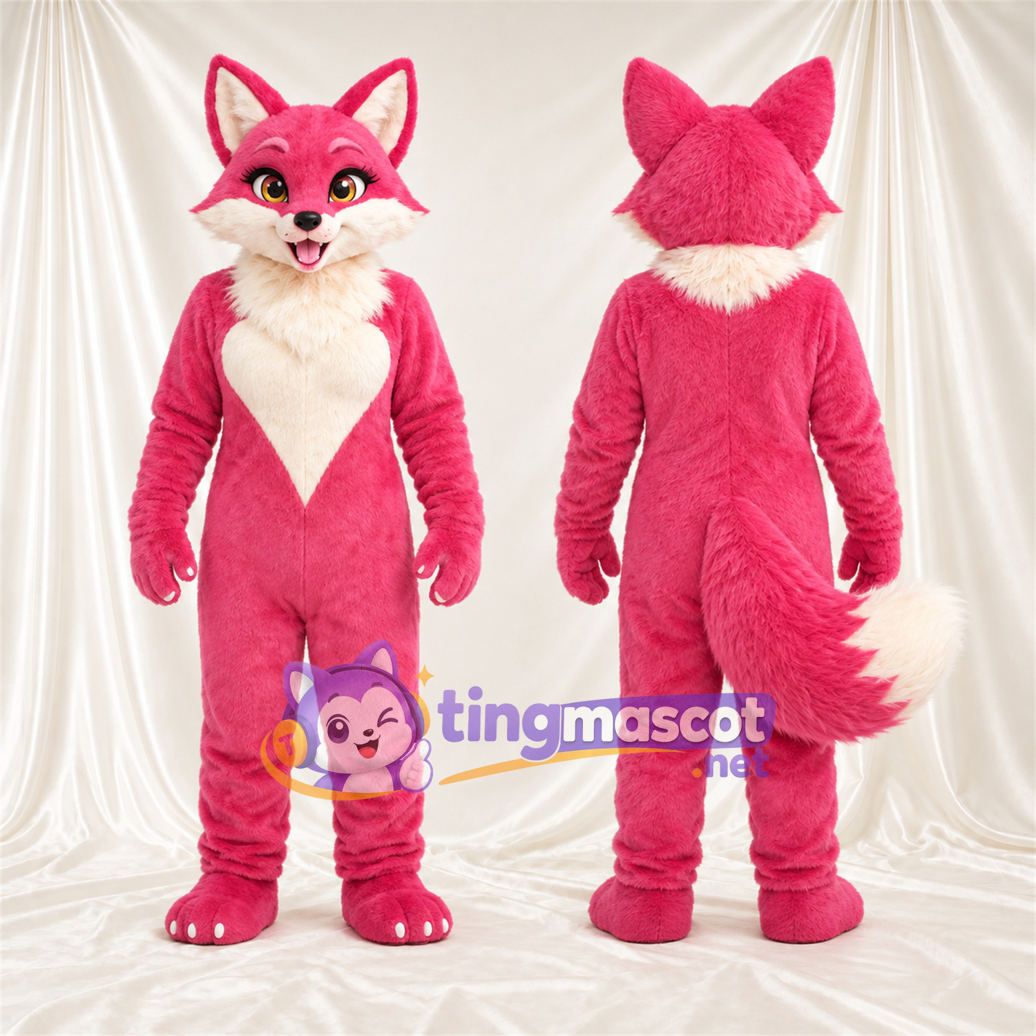 Maskottchenkostüm Fuchs – rosa / weiß – Blatt; Bauch (weiß) Maskottchenkostüm Fuchs – rosa / weiß – Blatt; Bauch (weiß)