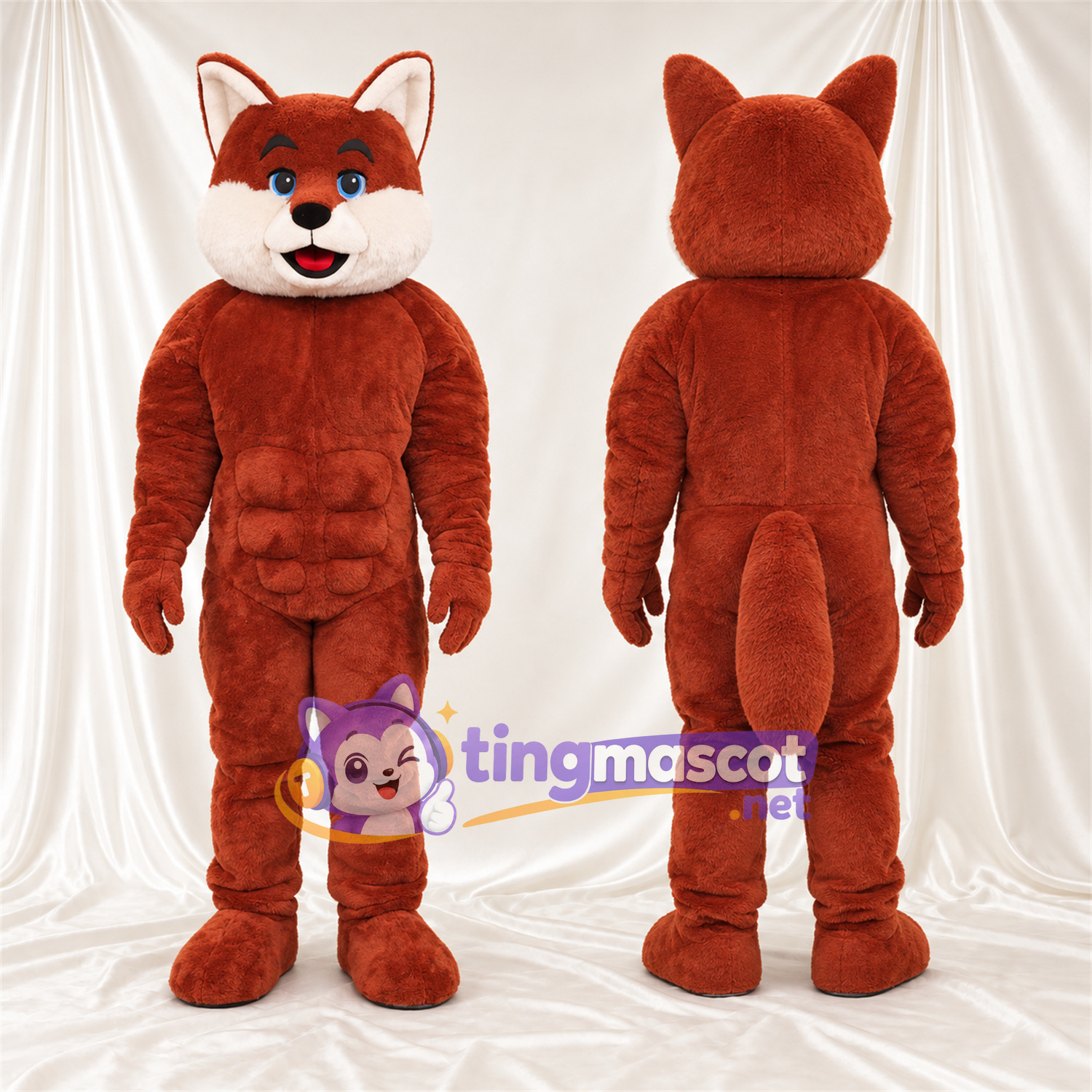 Maskottchenkostüm Fuchs – rot / weiß – Muskelbrust; Augen (blau) Maskottchenkostüm Fuchs – rot / weiß – Muskelbrust; Augen (blau)