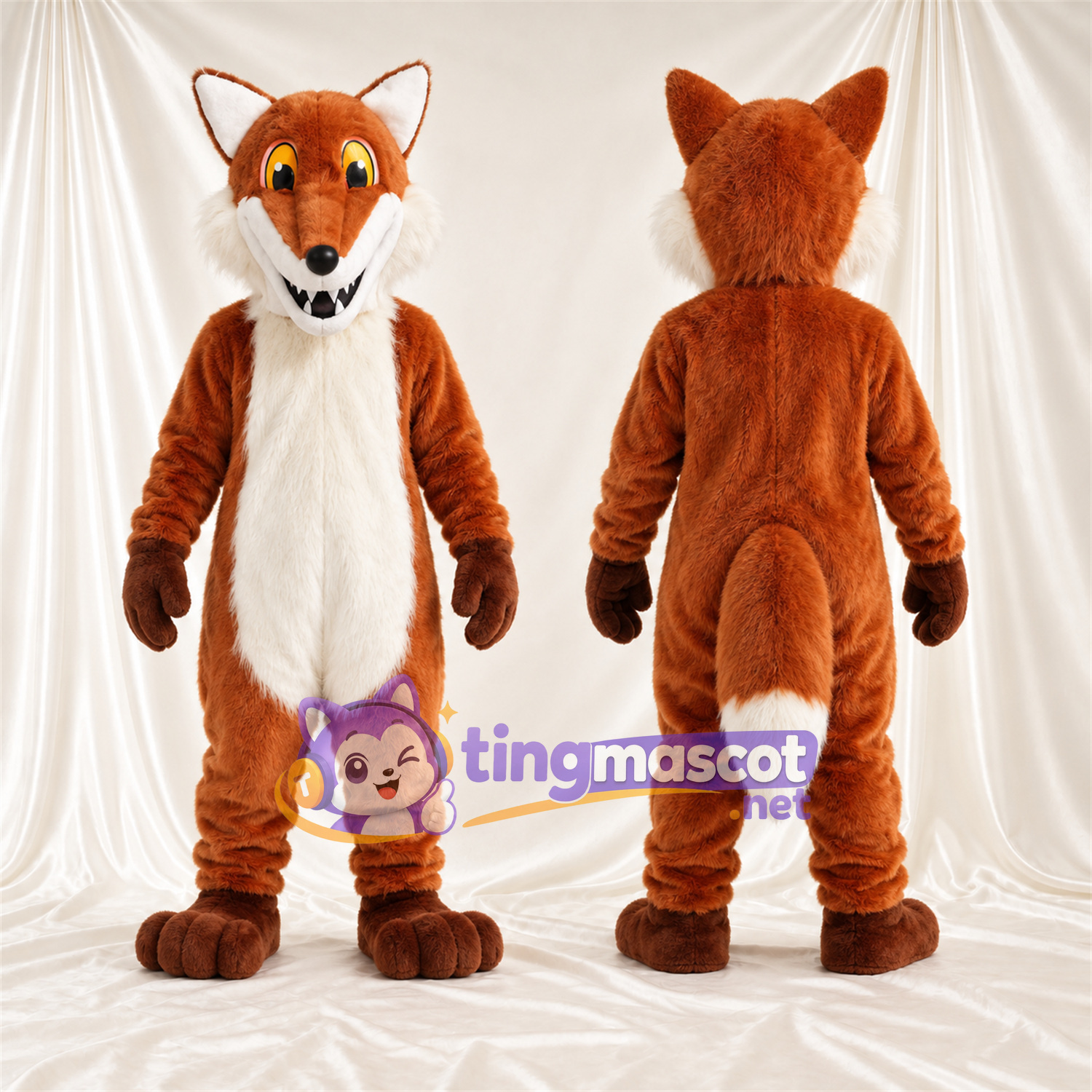 Maskottchenkostüm Fuchs – braun / weiß – Bauch (weiß); Augen (gelb)