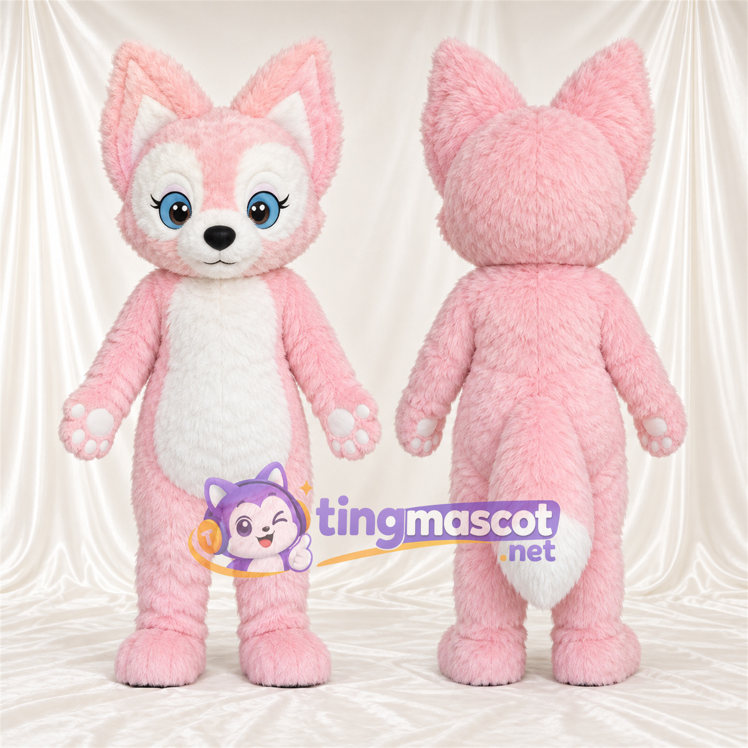 Maskottchenkostüm Fuchs – rosa / weiß – Pfotenballen (rosa); Augen (blau) Maskottchenkostüm Fuchs – rosa / weiß – Pfotenballen (rosa); Augen (blau)