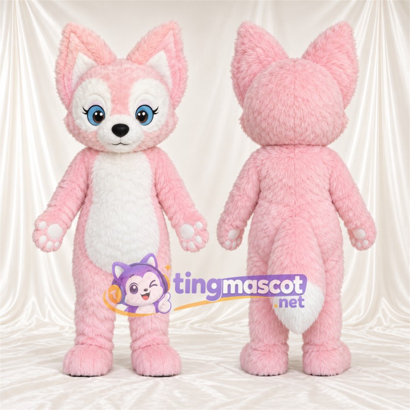 Maskottchenkostüm Fuchs – rosa / weiß – Pfotenballen (rosa); Augen (blau)