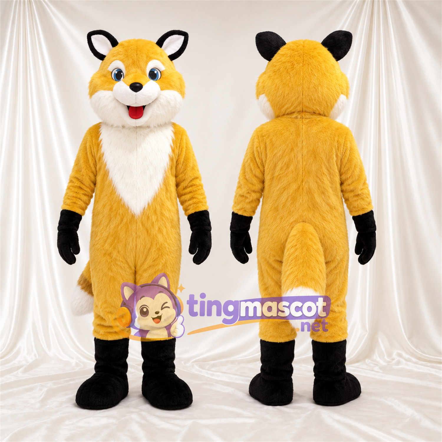 Costume de mascotte Renard – jaune / blanc – Torse (blanc); Bout de la queue (blanc) Costume de mascotte Renard – jaune / blanc – Torse (blanc); Bout de la queue (blanc)