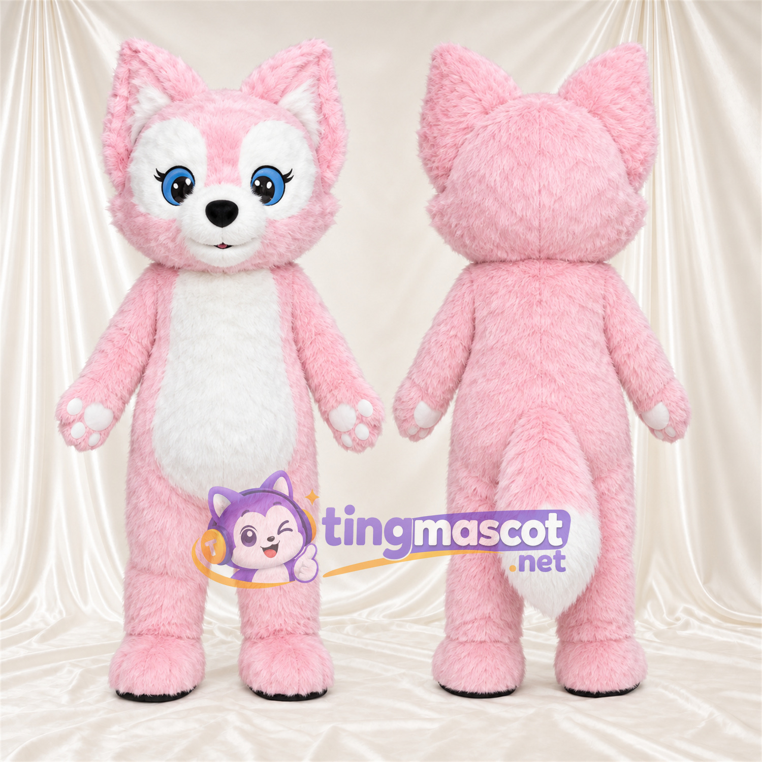 Maskottchenkostüm Fuchs – rosa / weiß – Schwanzspitze (weiß); Pfotenballen (rosa) Maskottchenkostüm Fuchs – rosa / weiß – Schwanzspitze (weiß); Pfotenballen (rosa)