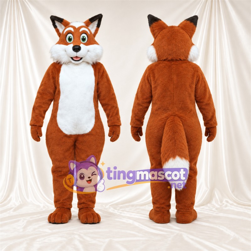 Maskottchenkostüm Fuchs – braun / weiß – Bauch (weiß); Augen (grün)