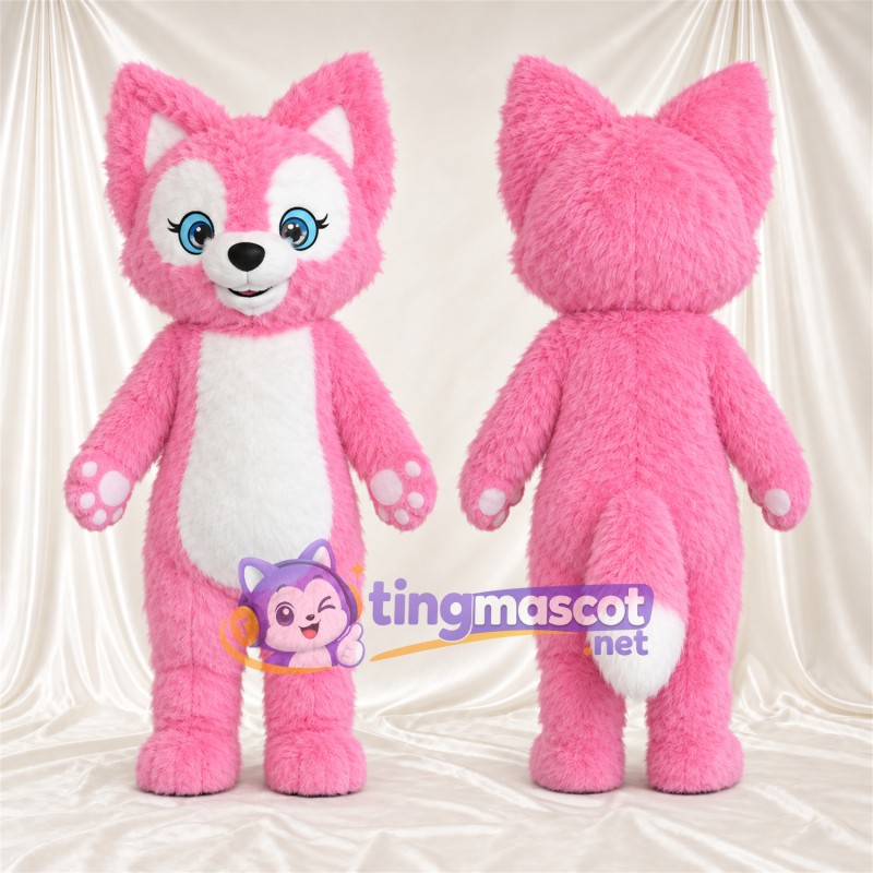 Maskottchenkostüm Fuchs – rosa / weiß – Pfotenballen (rosa); Augen (blau)