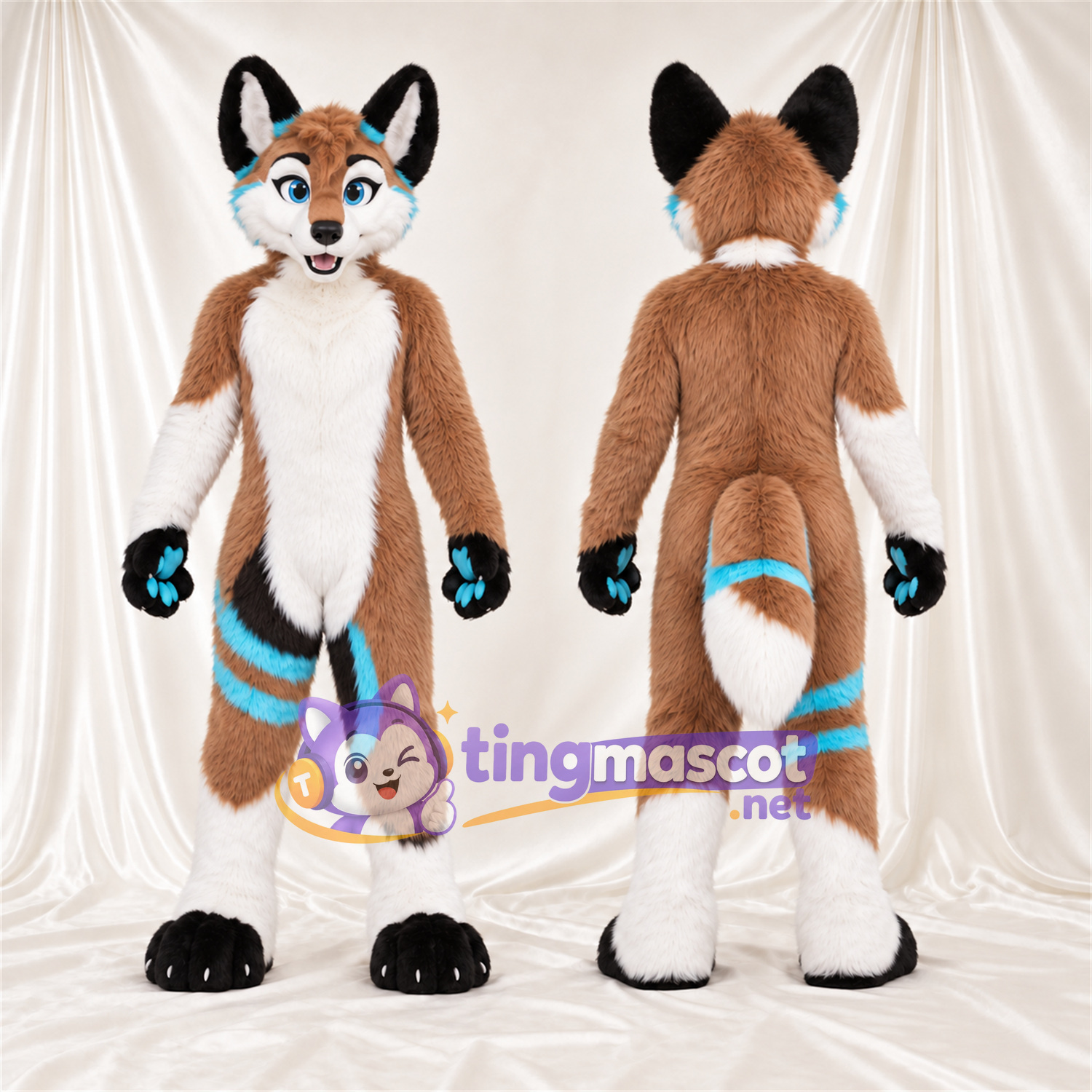 Brown, White and Turquoise Fox Mascot Costume Brown, White and Turquoise Fox Mascot Costume