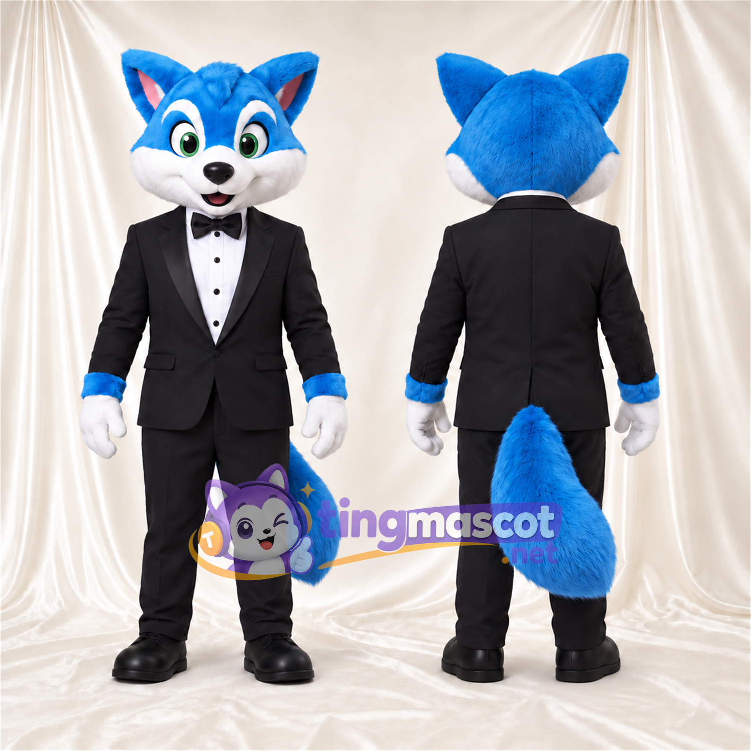 Blue and White Fox Mascot Costume - Black Tuxedo Blue and White Fox Mascot Costume - Black Tuxedo
