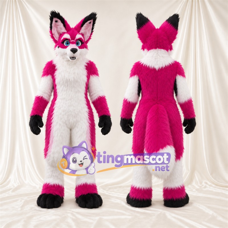Maskottchenkostüm Fuchs – rosa / weiß / schwarz