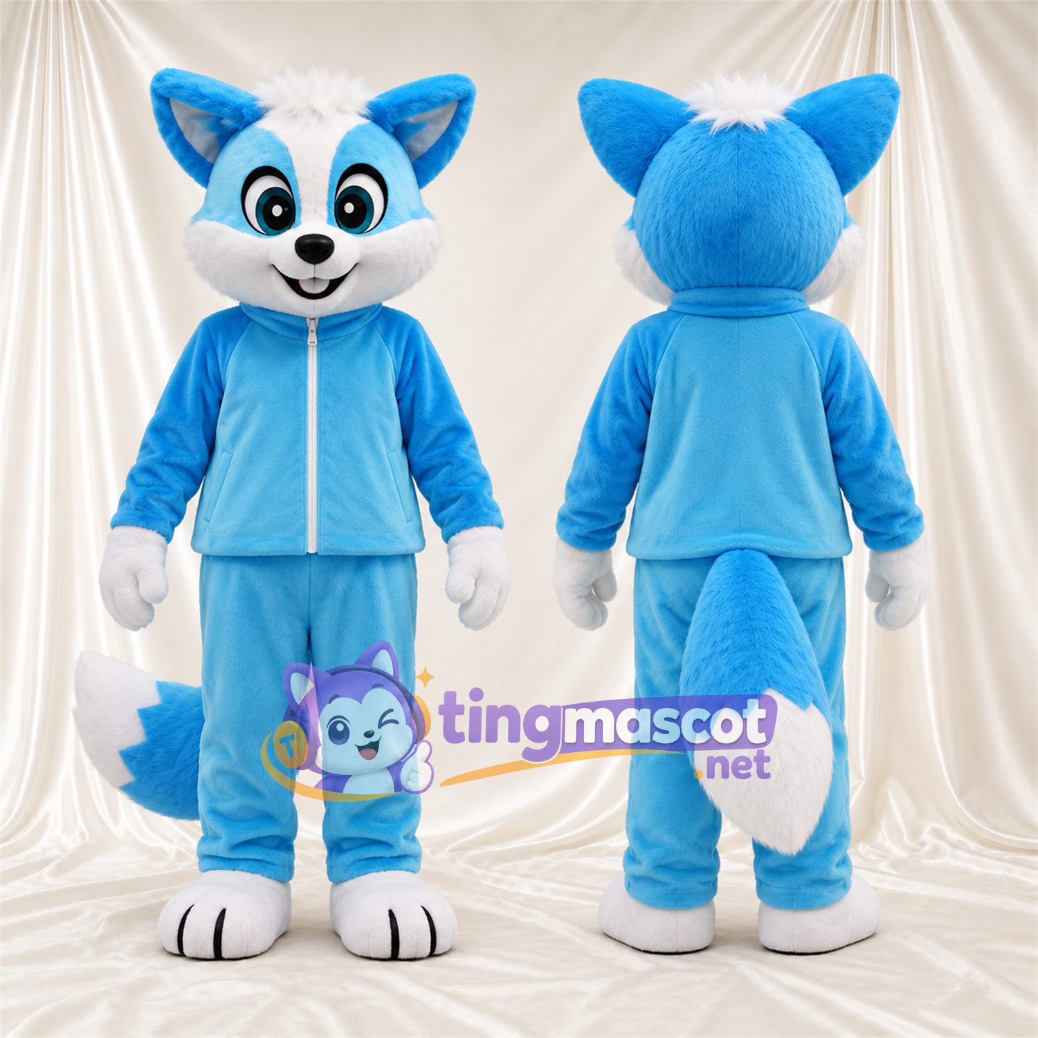 Blue and White Fox Mascot Costume - Blue Tracksuit Blue and White Fox Mascot Costume - Blue Tracksuit