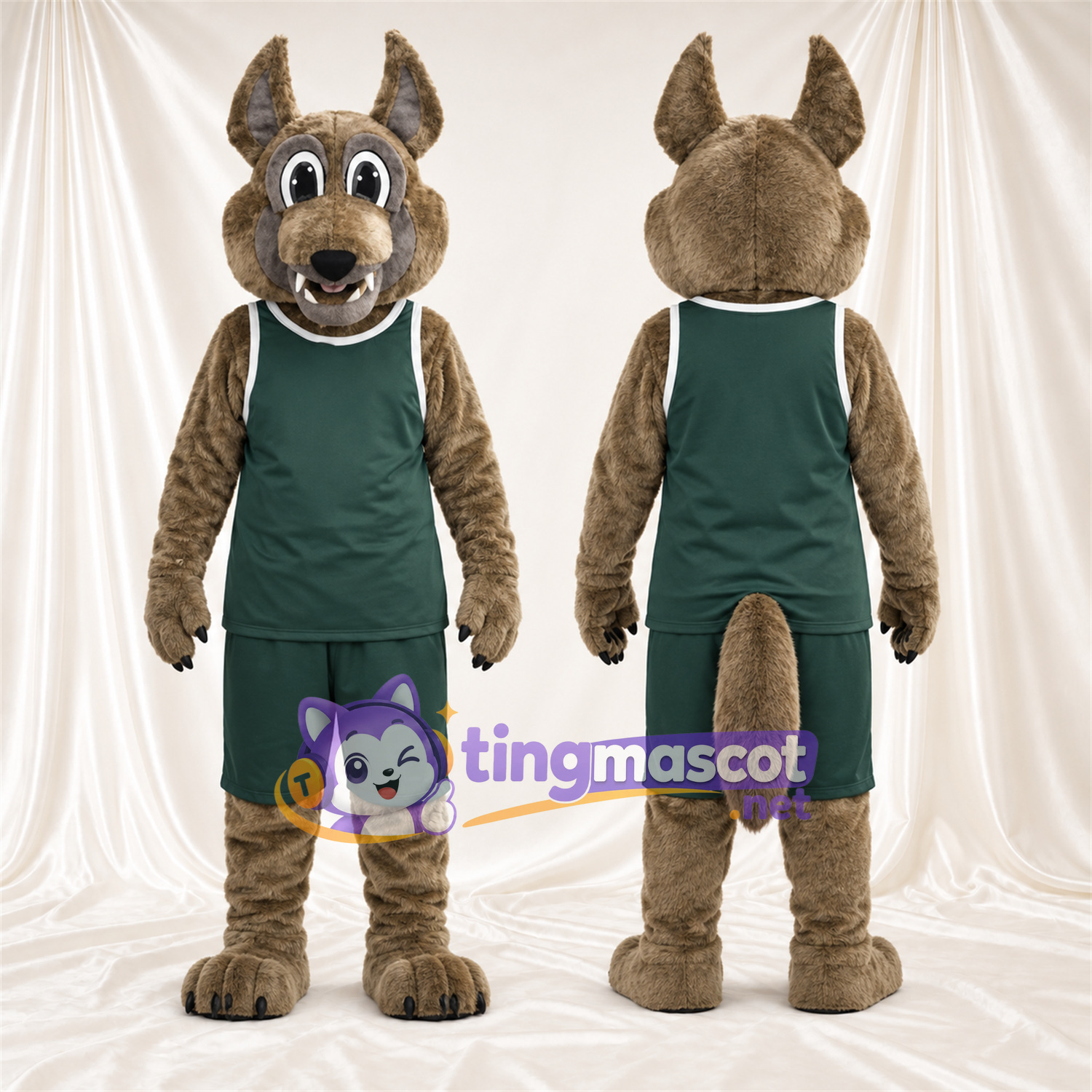 Maskottchenkostüm Kojote – braun – Basketballtrikot (grün); Langer Schwanz Maskottchenkostüm Kojote – braun – Basketballtrikot (grün); Langer Schwanz
