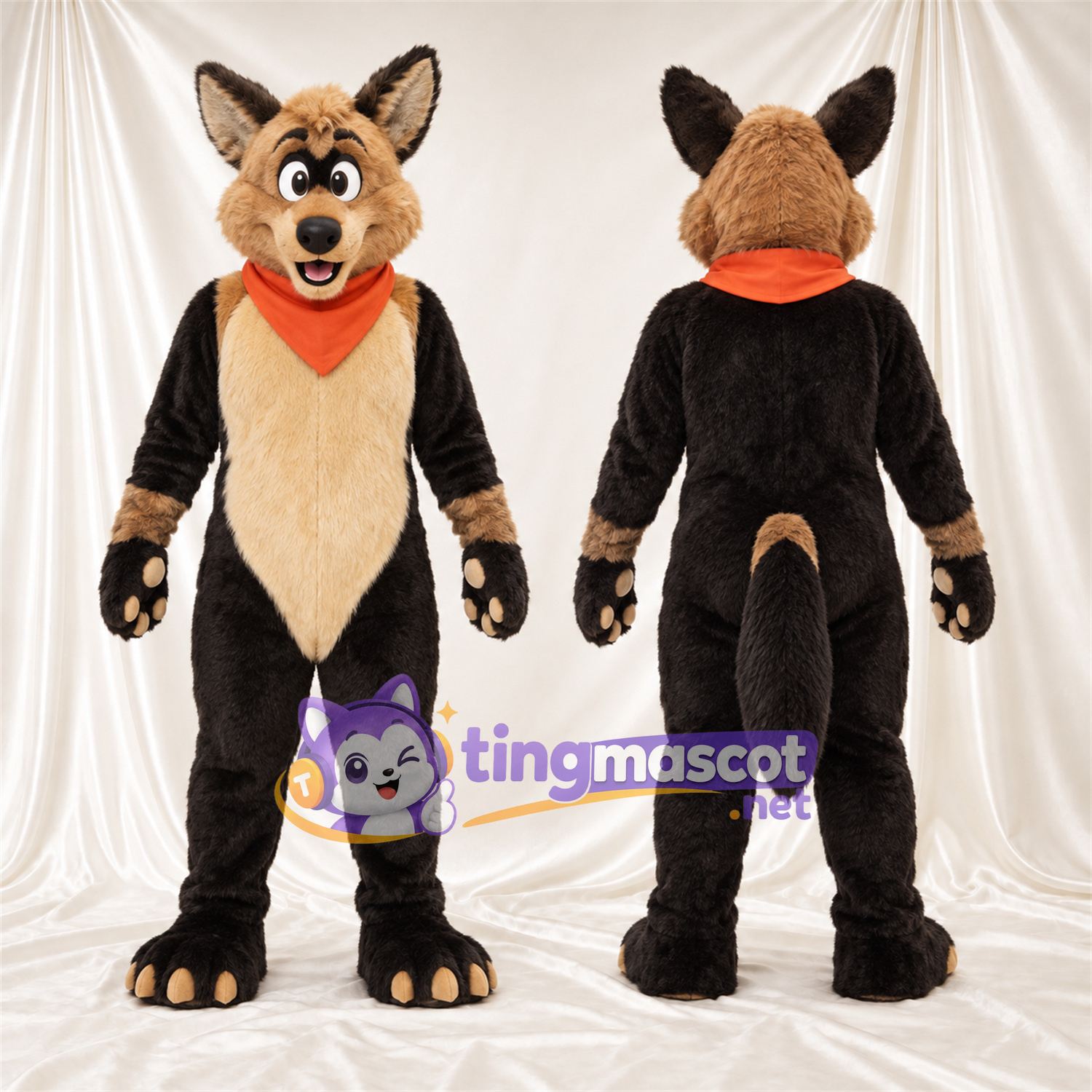Black and Tan Coyote Mascot Costume - Orange Bandana Black and Tan Coyote Mascot Costume - Orange Bandana