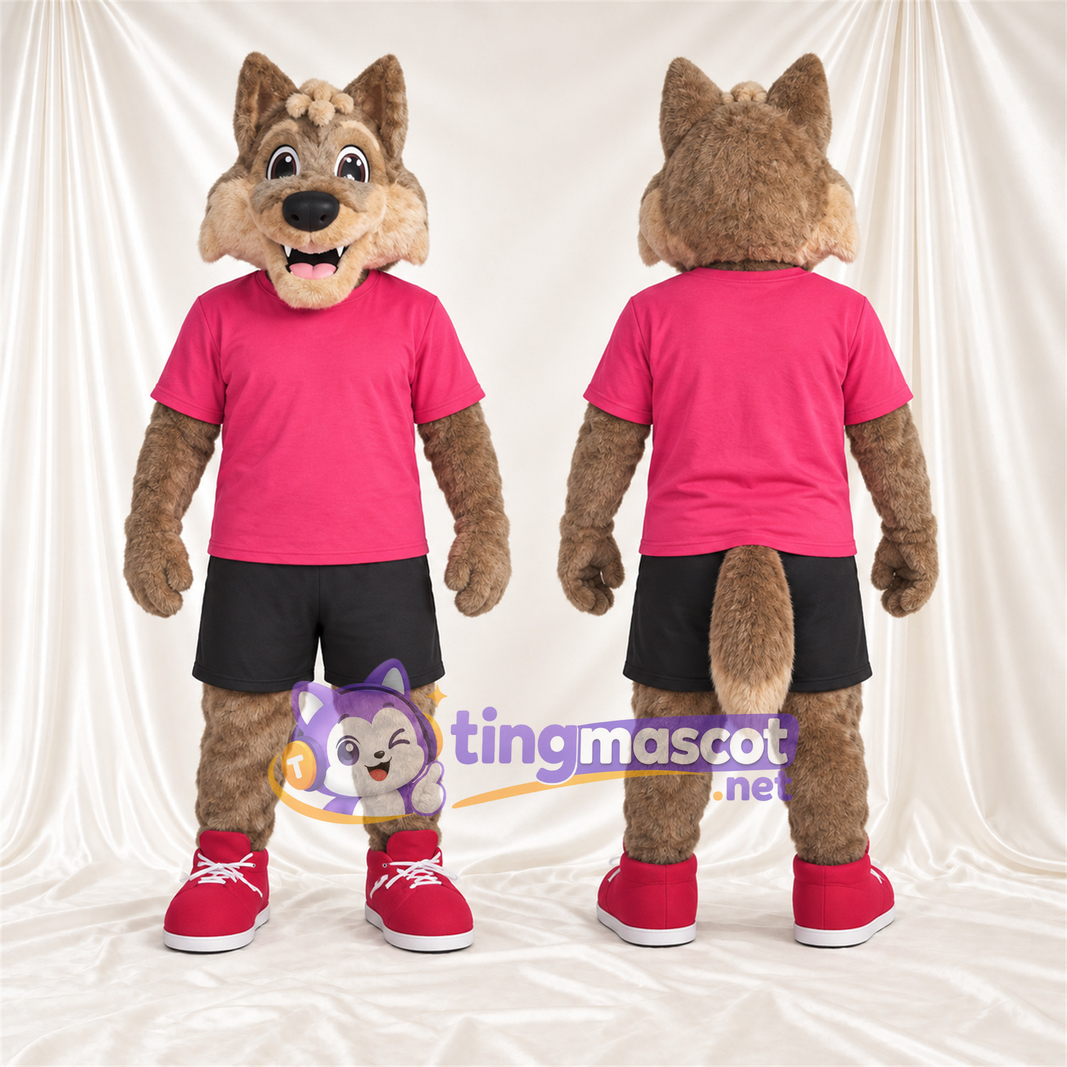 Costume de mascotte Coyote – brun clair – Chemise (rose); Short (noir) Costume de mascotte Coyote – brun clair – Chemise (rose); Short (noir)