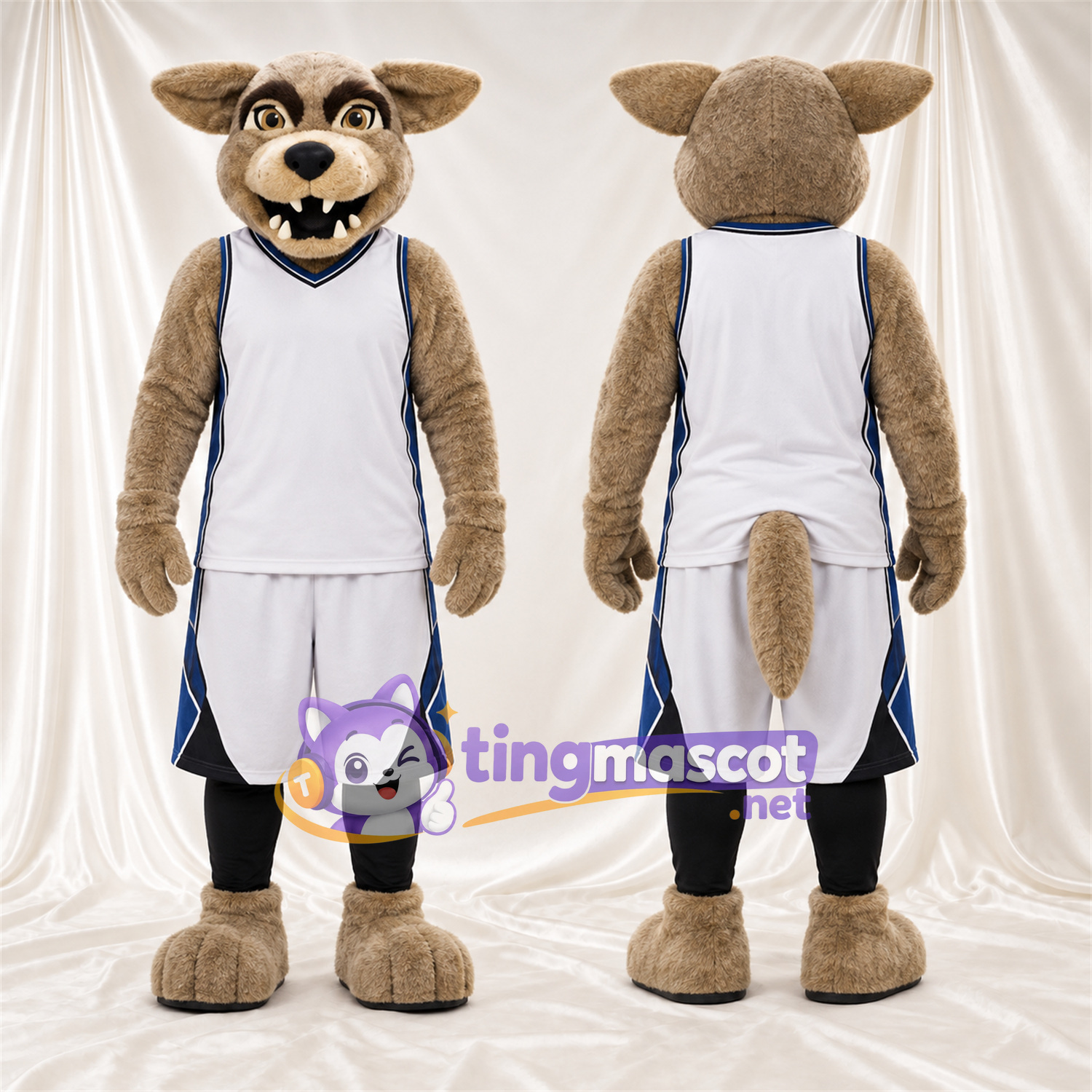 Costume de mascotte Coyote – brun clair – Tenue de basket (blanc) Costume de mascotte Coyote – brun clair – Tenue de basket (blanc)