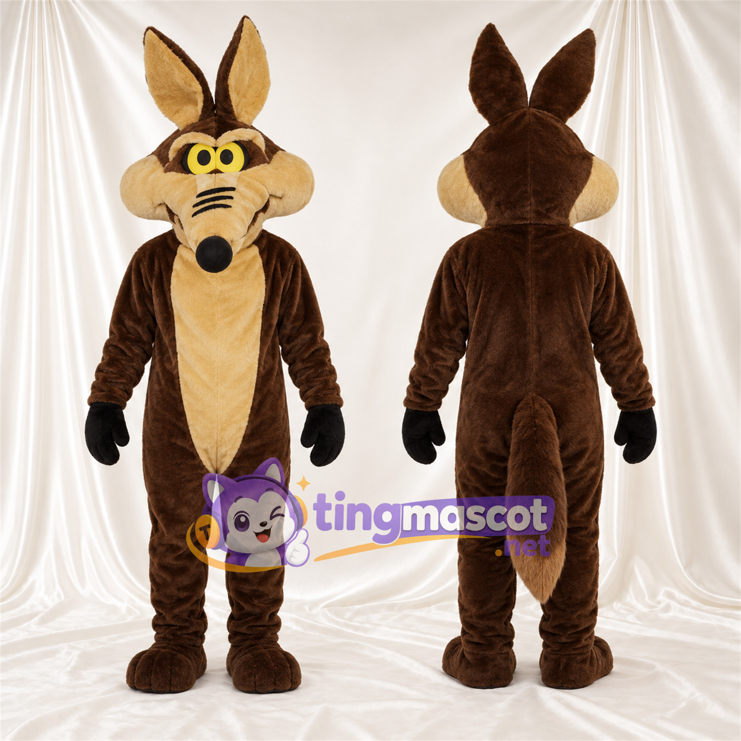 Costume de mascotte Coyote – marron / brun clair – Gants (noir); Yeux (jaune) Costume de mascotte Coyote – marron / brun clair – Gants (noir); Yeux (jaune)