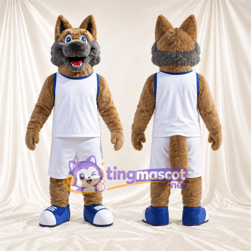 Maskottchenkostüm Kojote – hellbraun / grau – Basketballtrikot (weiß)