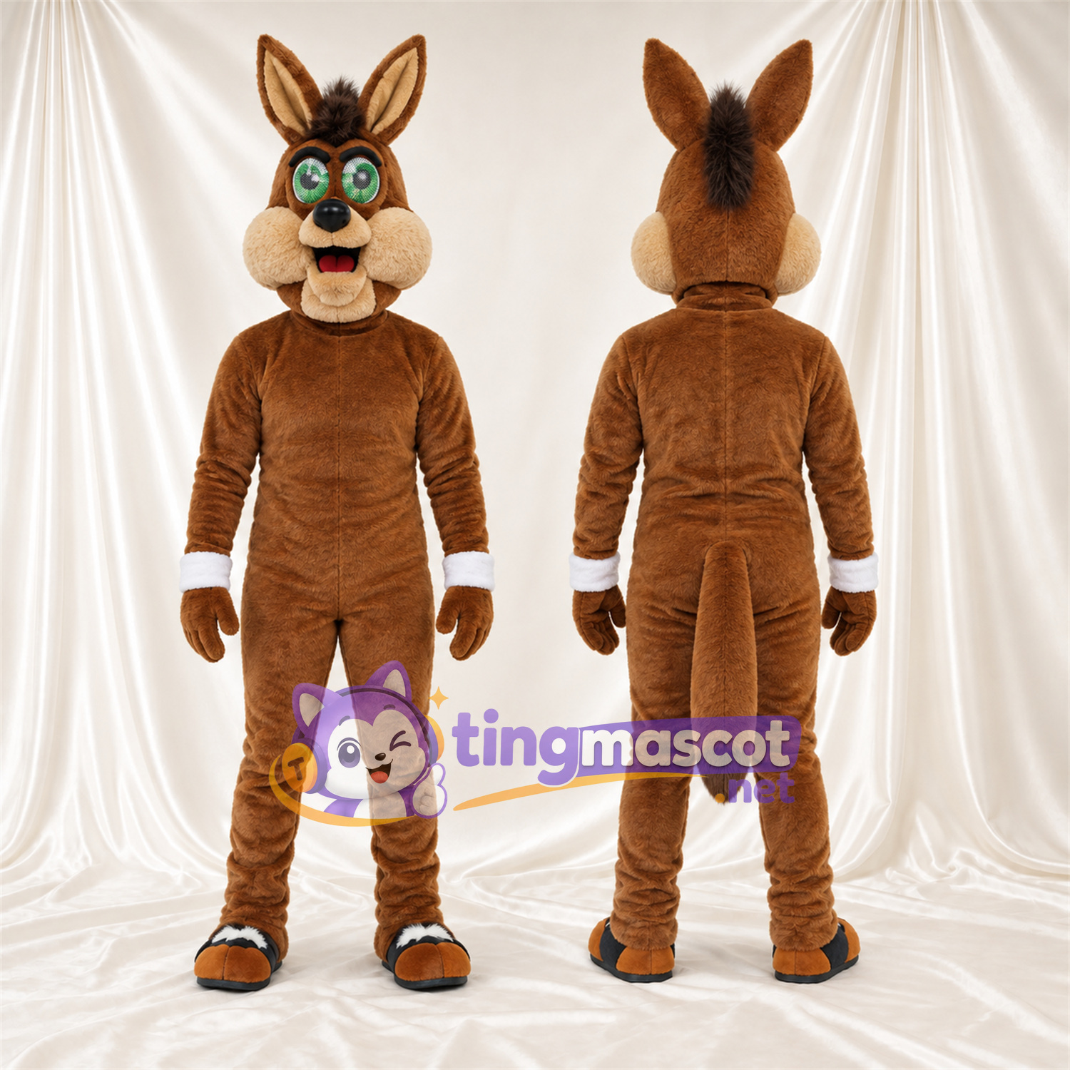 Costume de mascotte Coyote – marron / brun clair – Griffes (noir); Yeux (vert) Costume de mascotte Coyote – marron / brun clair – Griffes (noir); Yeux (vert)