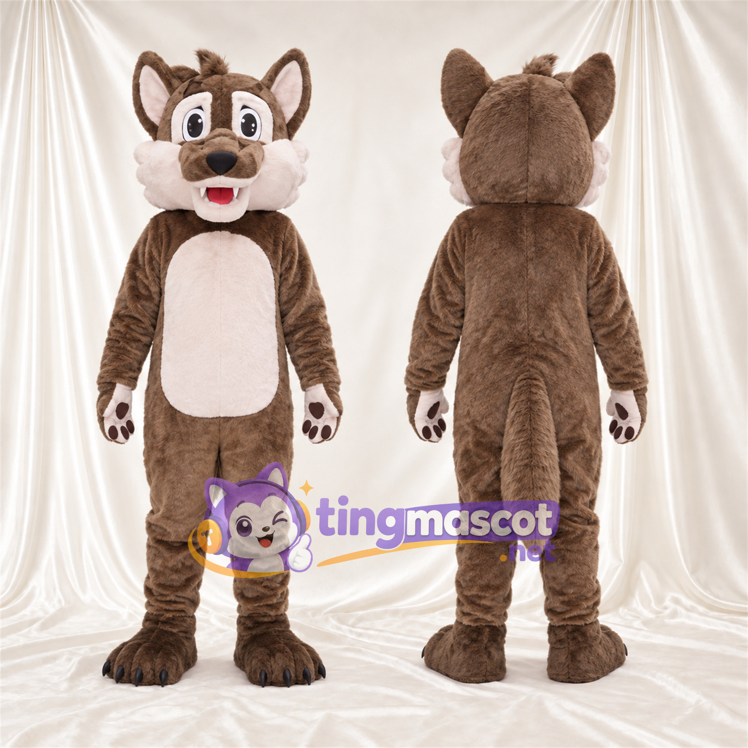 Costume de mascotte Coyote – marron / crème – Ventre (crème); Coussinets (noir) Costume de mascotte Coyote – marron / crème – Ventre (crème); Coussinets (noir)