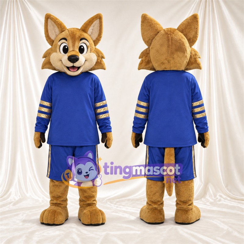 Costume de mascotte Coyote – brun clair – Tenue de sport (bleu)